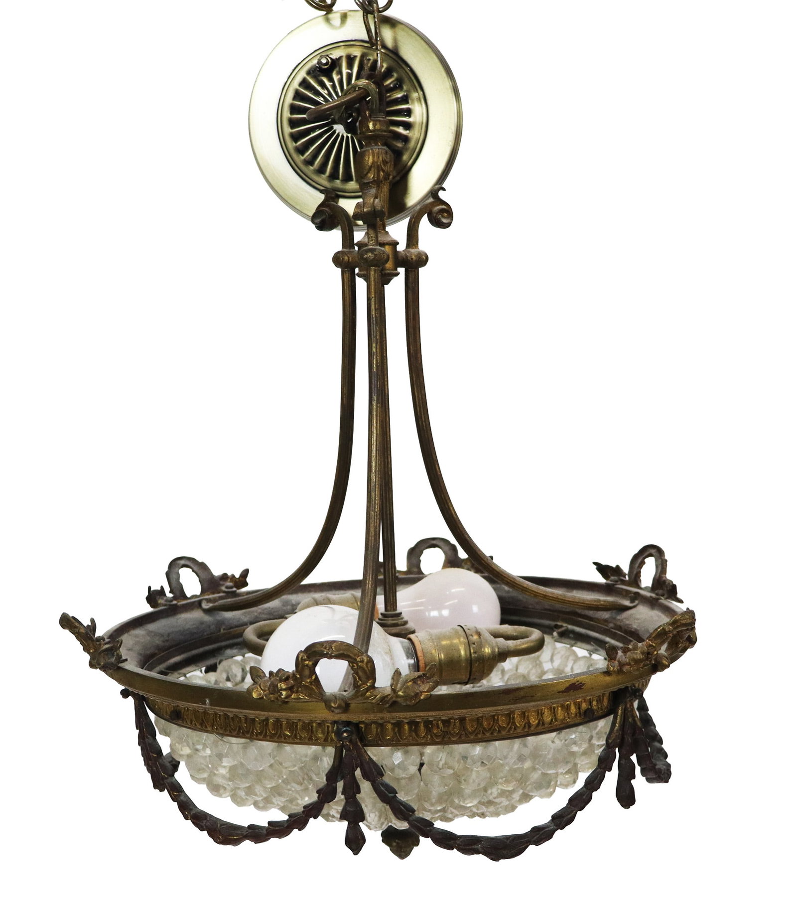 Bronze Basket Chandelier: Bronze small basket form chandelier, French, bronze frame with mounted wreathes and valances, button chains forming a basket, 2 interior lights. [19" H x 15" diameter]. Differing color gilt and
