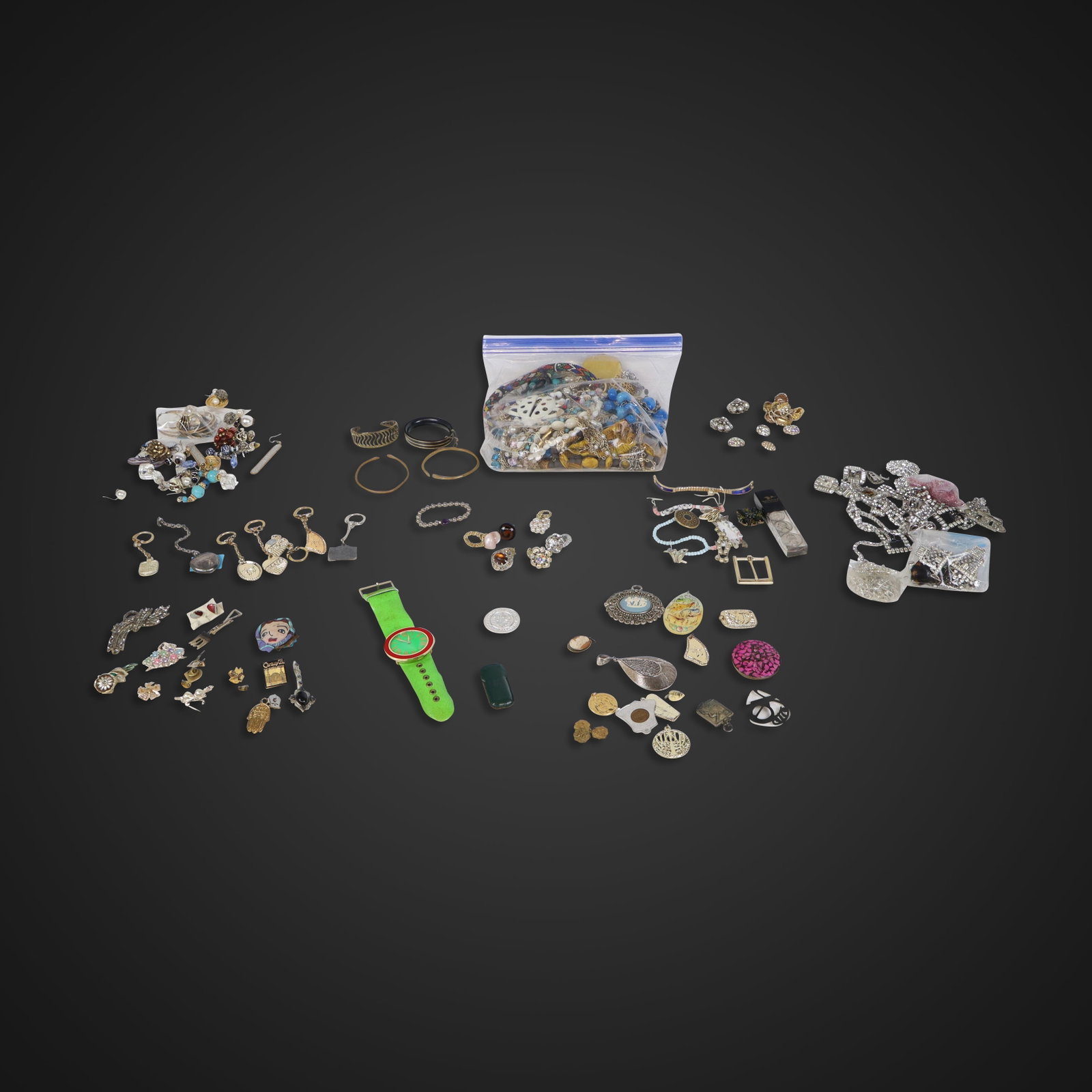 Miscellaneous Group of Costume Jewelry, 50+: Miscellaneous group of assorted costume jewelry, some signed Trifari, Chicos, Monet and Cora Pearl, and comprising assorted necklaces, group of rhinestone jewelry including three brooches, pair of cli