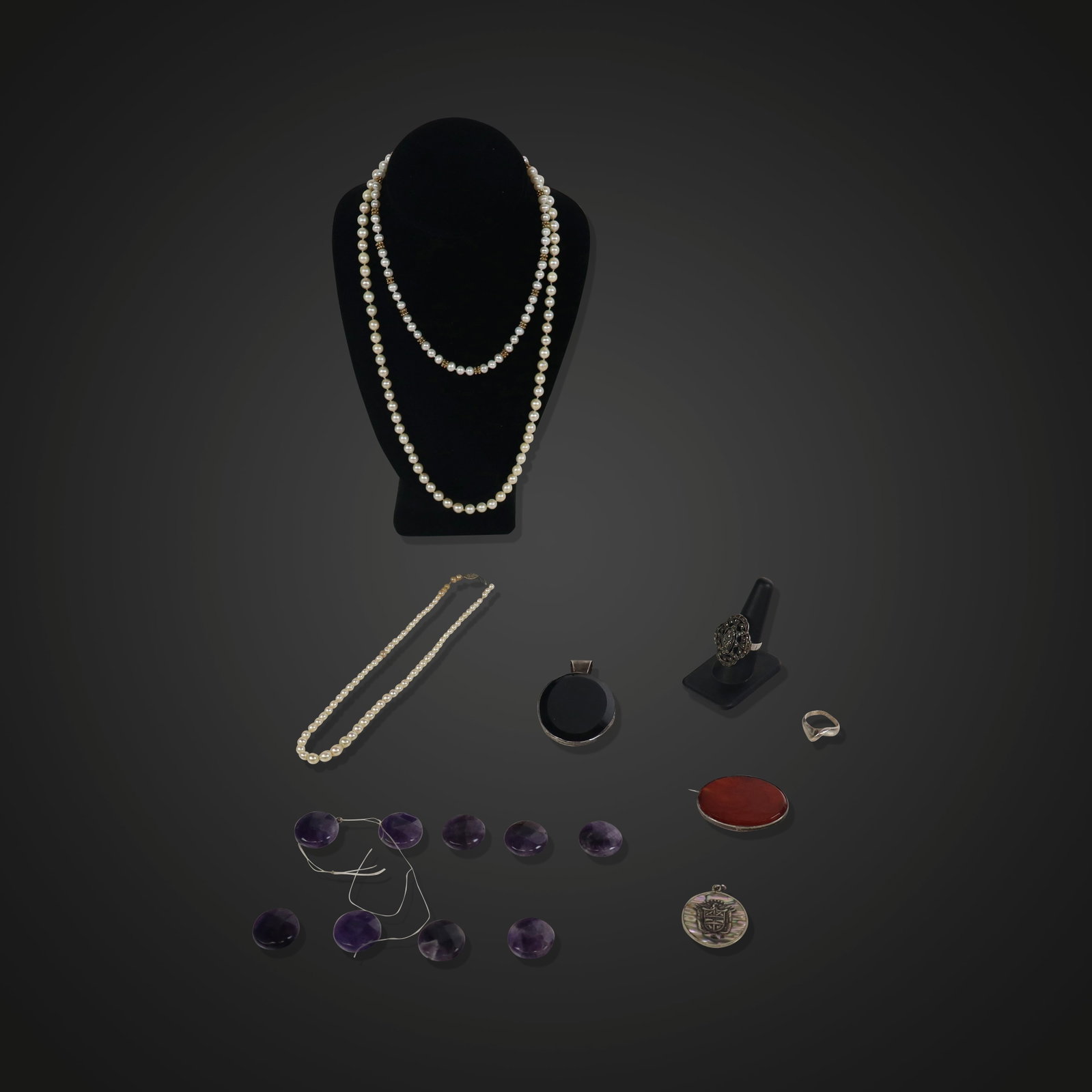Assorted Group of Jewelry, 17: Assorted group of jewelry, comprising a cultured and faux pearl necklace with 14K white gold filigree clasp, a cultured pearl with 14K white gold filigree clasp, a cultured pearl necklace silver verme