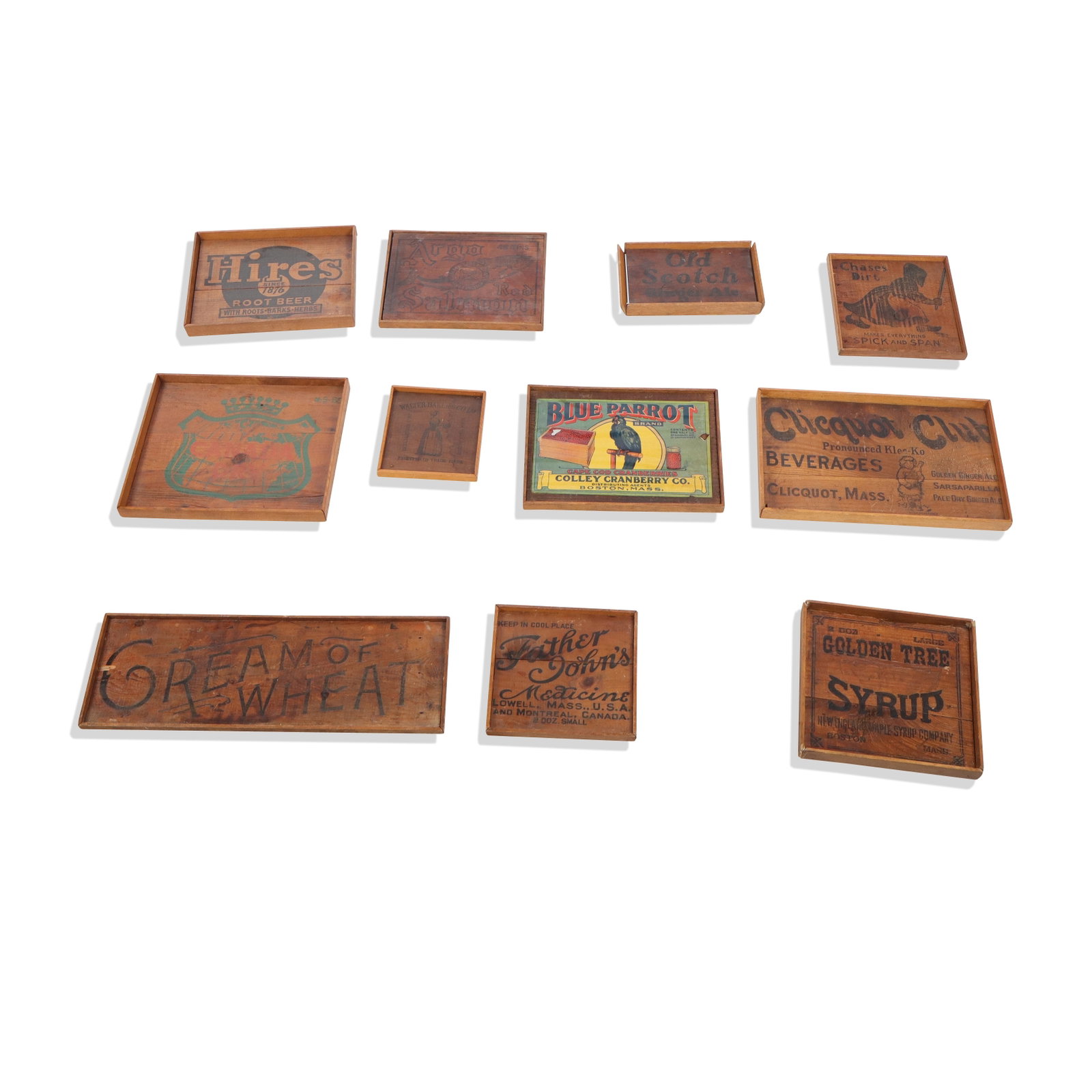 Group of Ten Framed Vintage Signs & Box Remnants: Group of then framed remnants, American, 19th/20th century, including sign, crate, and box remnants. [Widest: 8" H x 23" W]. Condition throughout is good with age-commensurate wear to remnants, some f