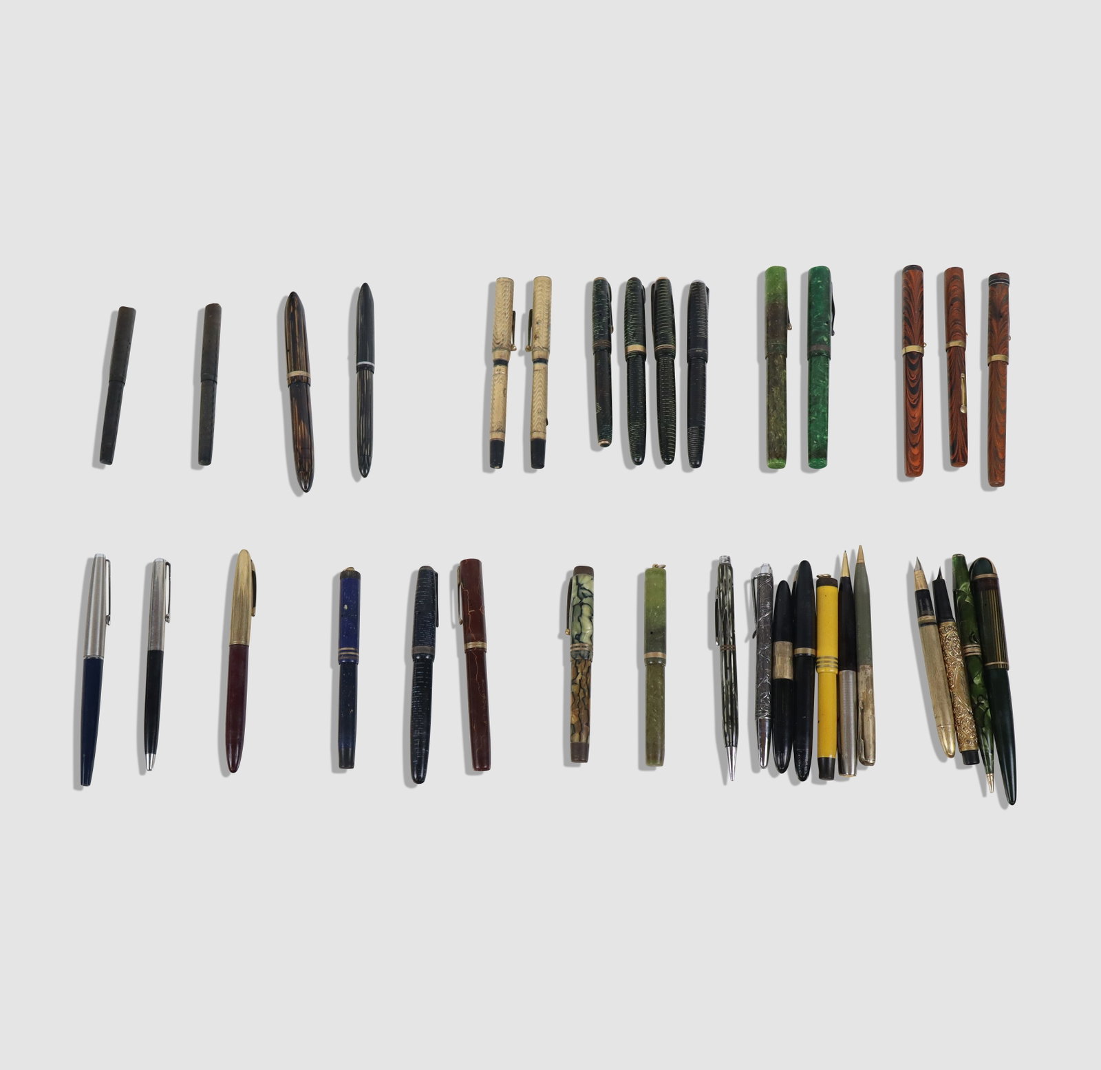 Collection of Writing Implements, 35: Collection of assorted writing implements, comprising twenty-nine pens and six pens: R H. Nacy & Co. with iridu tip, Jeruselum sterling silver pencil frame, Eversharp pencil, 2 Morrison's pens with 14