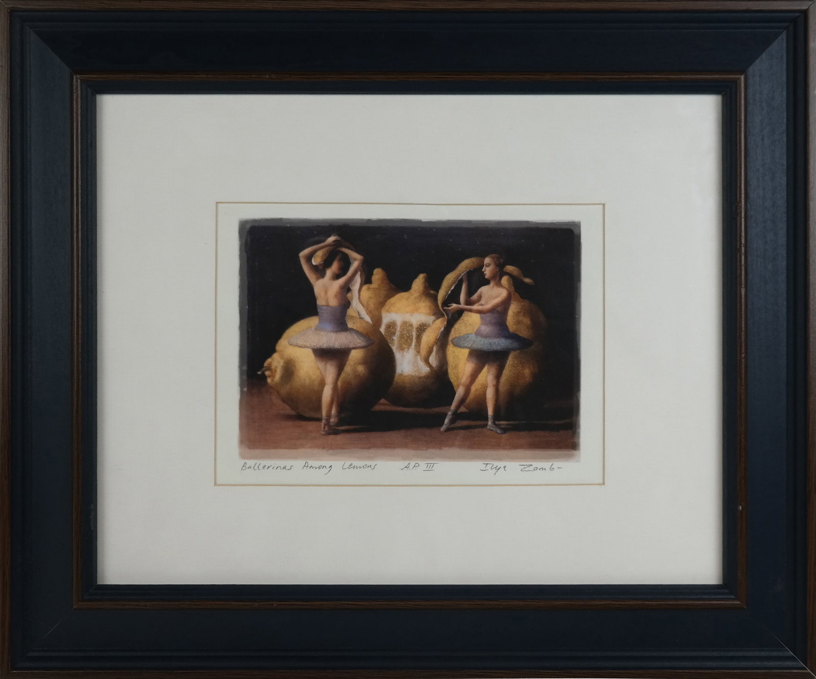 Ilya ZOMB "Ballerinas Among Lemons" Lithograph: Ilya Zomb (Russia, b. 1960) "Ballerinas Among Lemons," lithograph on paper, circa 21st century, Artist Proof, third edition, signed with edition and title to lower in graphite, in a frame. [Framed: 14