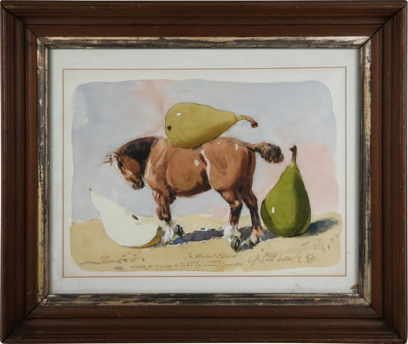 Surrealist Water Color with Horse and Pears: Surrealist water color with horse and pears, Lucca, 1987, inscribed "To Michael Sherrin, thanks for helping to make my summer more pearable," and signed illegibly to lower right, in a frame. [Framed: 