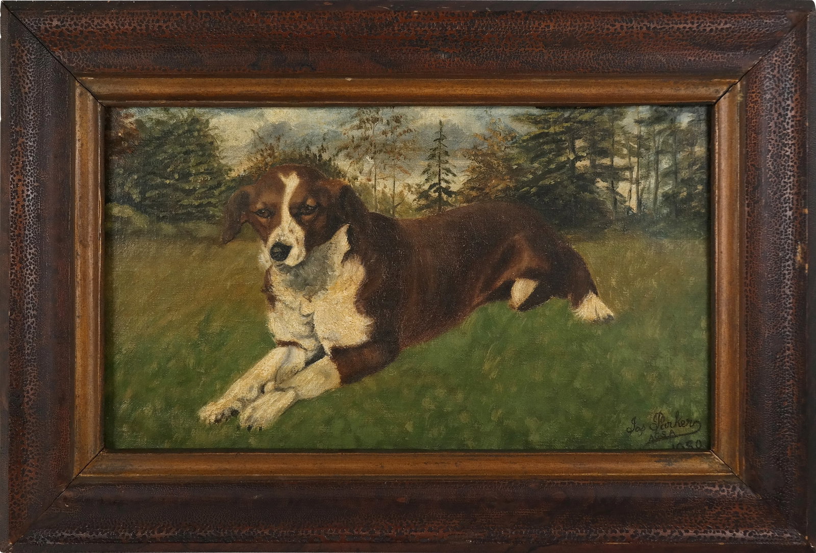 Jas PARKER Oil on Canvas of a Dog named Fanny: Jas Parker oil on canvas painting, 1930, titled Fanny to lower center, and signed with date to lower right and ASGA. [Work: 9" H x 15.5" W; frame: 13.5" H x 20" W]. Condition to work is good with some