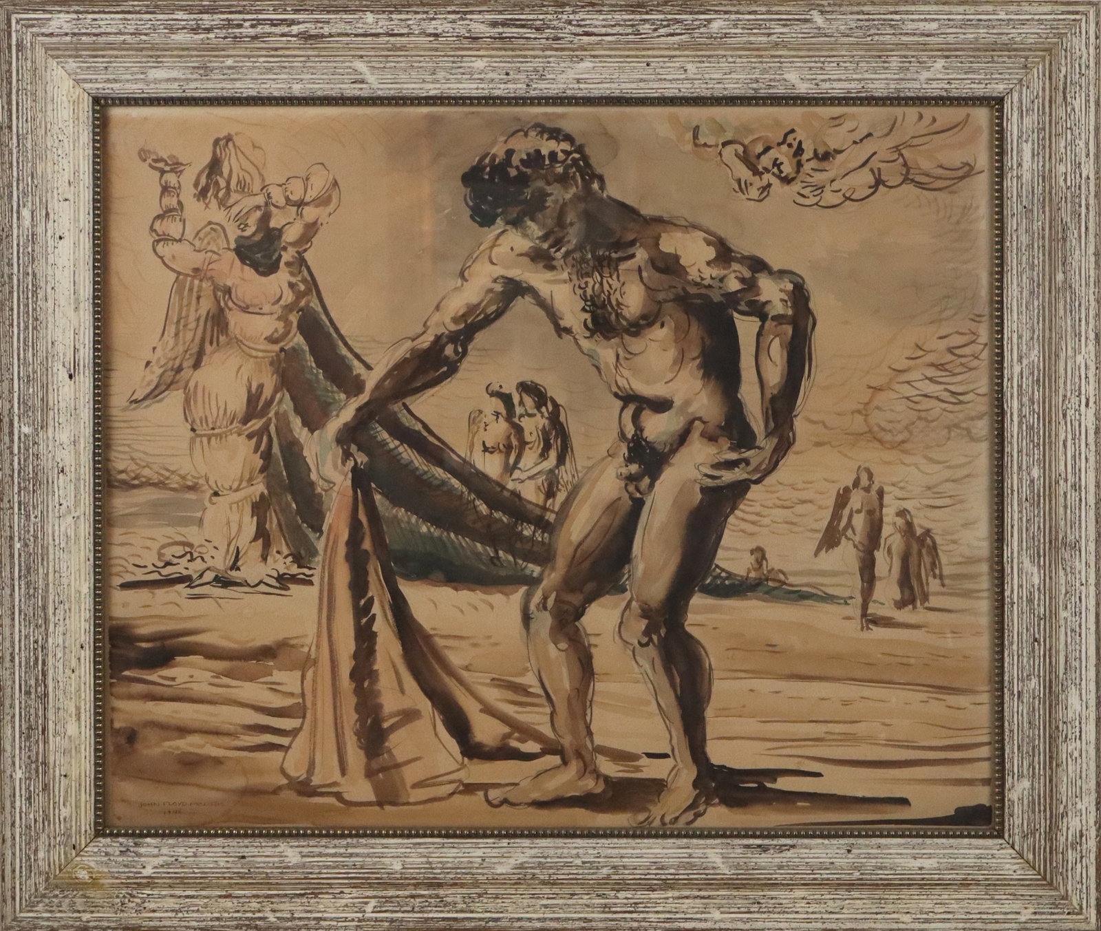 John Floyd MORRIS Nude Ink on Paper Beach Scene: John Floyd Morris (American, 1920-1991) ink on paper nude beach scene with figures, 1948, signed and dated to lower, with a Florenz Gallery stamp to frame verso. [Framed: 27" H x 32" W]. Condition is 