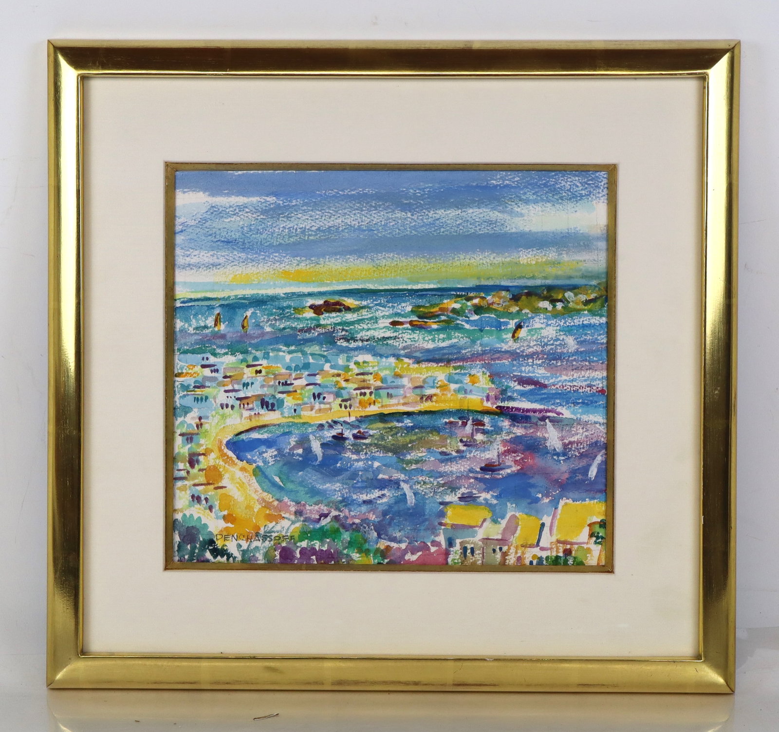 Anne PENCHASOFF Coastal Landscape Watercolor: Anne Penchasoff (French-American, 20th Century) gouache / watercolor coastal landscape with village, pencil signed lower left "Penchasoff," matted and framed. [Sight: 9.25" H x 10.5" W; Frame: 16" H x