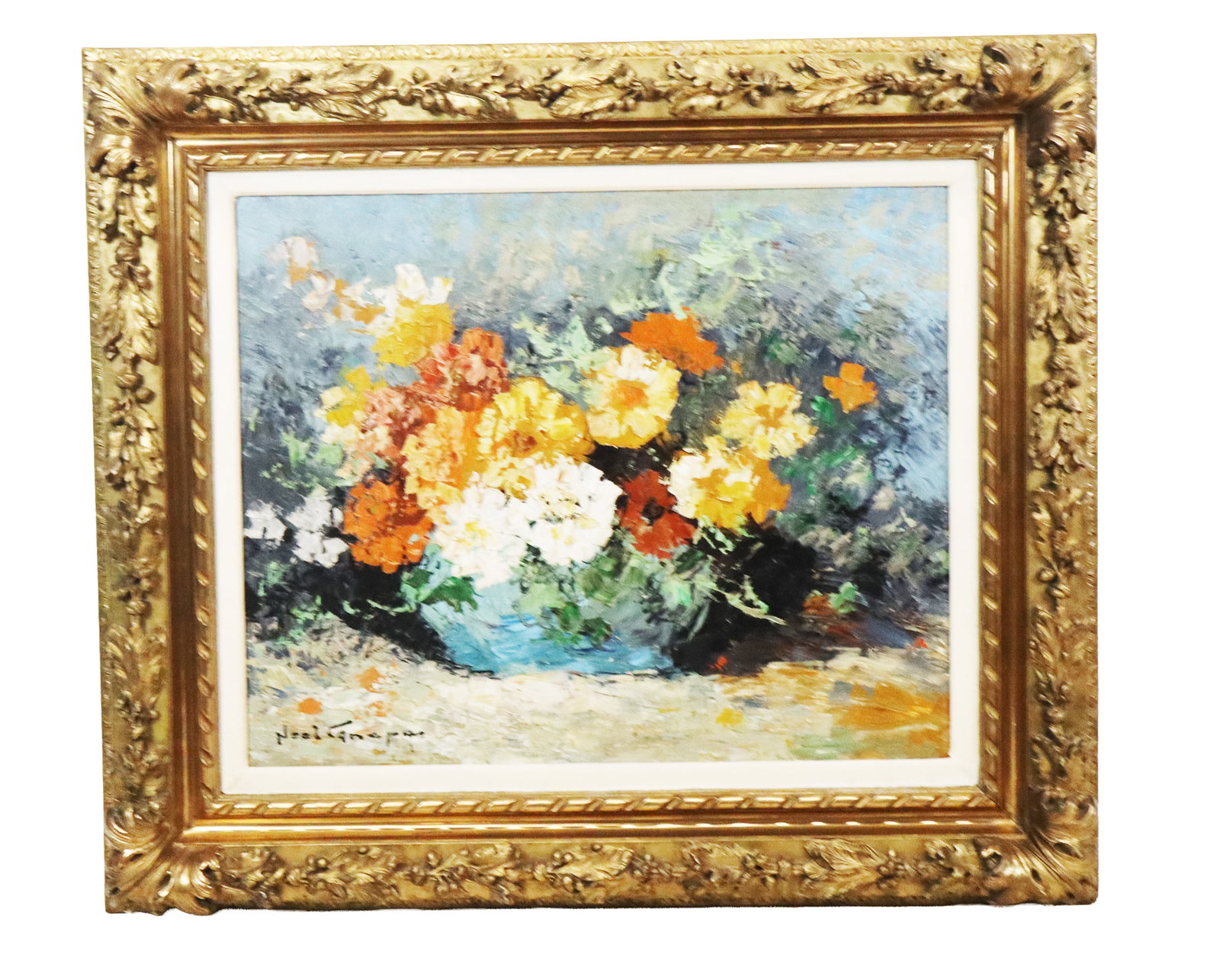 Noel CANEPA Floral Still Life Oil Painting: Noel Canepa (French, b. 1935) heavy impasto oil on panel floral still life, signed lower left, label to verso Alph. Aegerter, Marseilles, France, in heavy gilt carved framed. [Panel: 24" H x 29" W; Fr