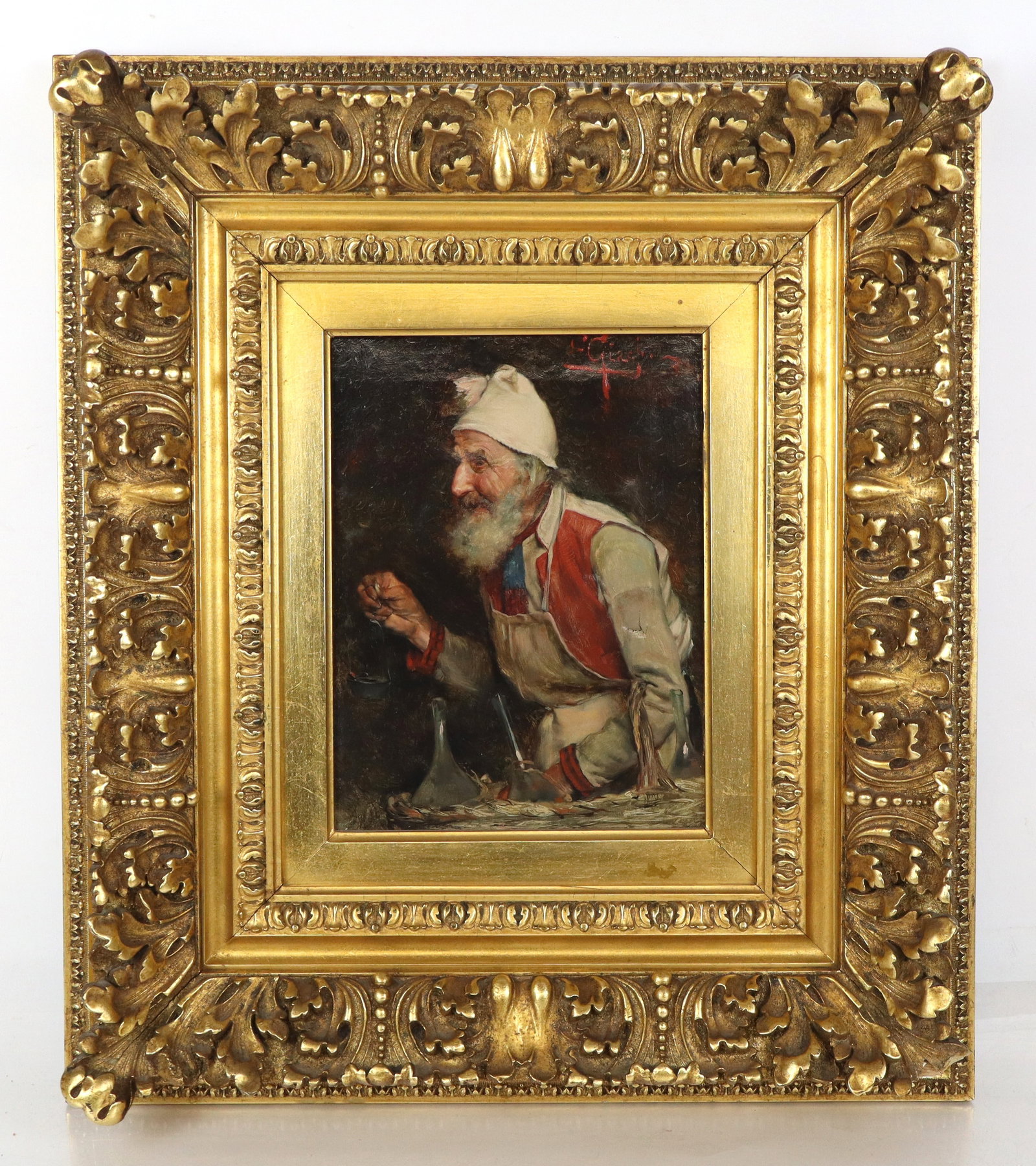 E. GIACHI Elderly Man with Incense Oil Painting: E. Giachi (Italian, 19th/20th Century) oil on canvas of an elderly man carrying incense, signed in red upper right "E. Giachi," gilt framed. [Sight: 9.75" H x 7.5" W; Frame: 21" H x 18.25" W]. Overall