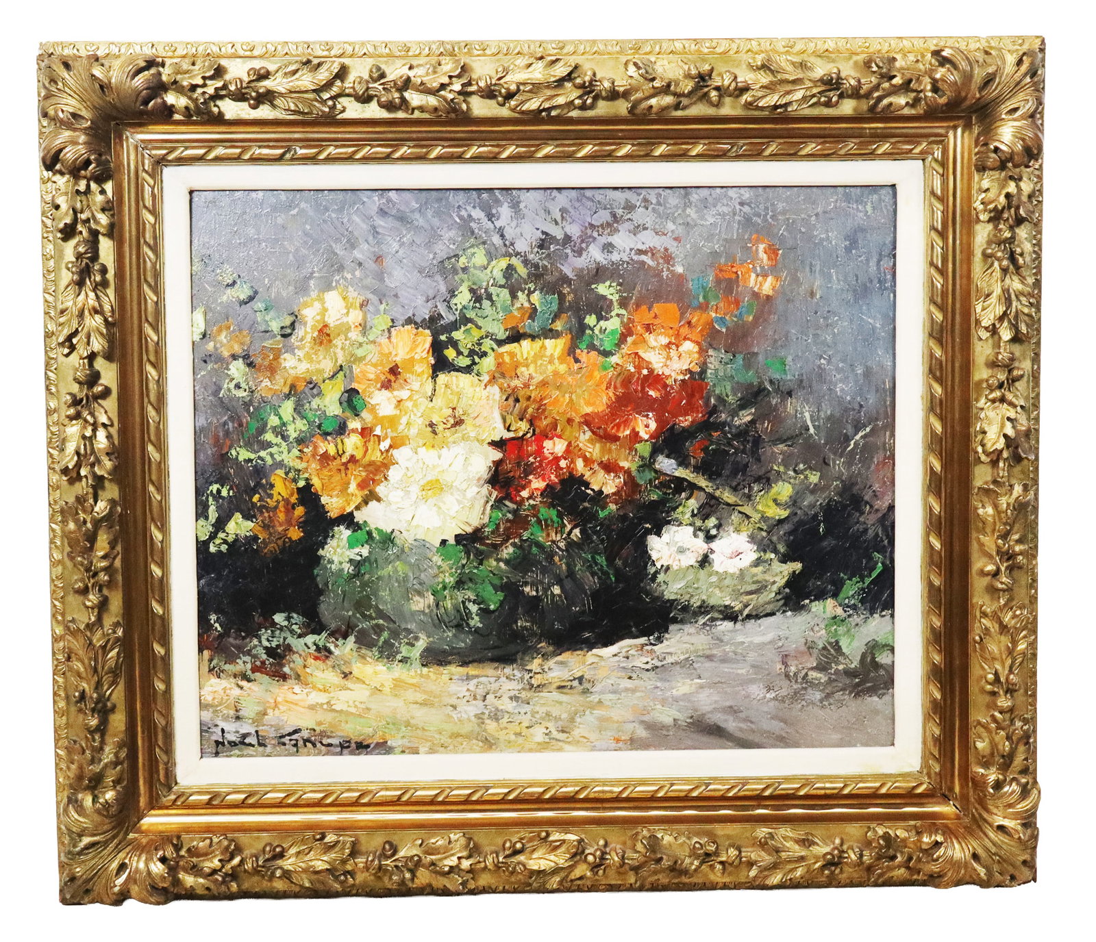 Noel CANEPA Floral Still Life Oil Painting: Noel Canepa (French, b. 1935) heavy impasto oil on panel floral still life, signed lower left, label to verso Alph. Aegerter, Marseilles, France, in heavy gilt carved framed. [Panel: 24" H x 29" W; Fr
