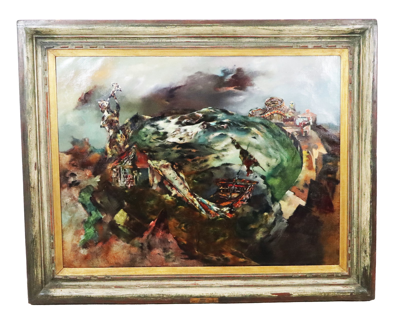 Sidney GROSS "The Attendant" Surrealist Oil: Sidney Gross (American, 1921-1969) surrealist oil on canvas titled "The Attendant," bearing several labels to verso, framed with plaque lower center "Property of Lempert Research Foundation, Inc.". Pr