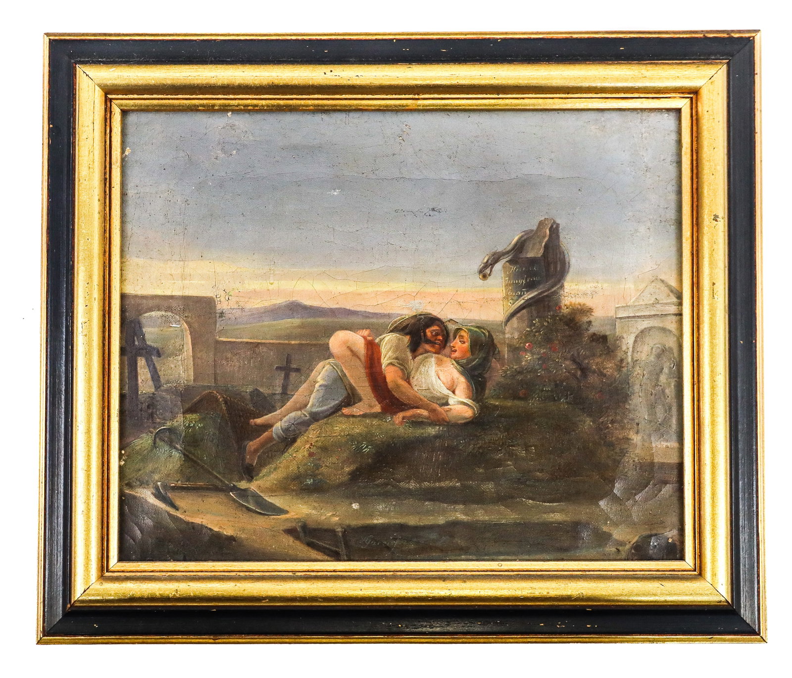 Anton Johann GAREIS Attr. Erotic Graveyard Scene: Attributed to Anton Johann Gareis (German, 1793?1863) erotic genre scene with two figures in a graveyard, before a serpent on a stone with the epitaph "Himmlische Jungfrau..." or "Heavenly Virgin..." 