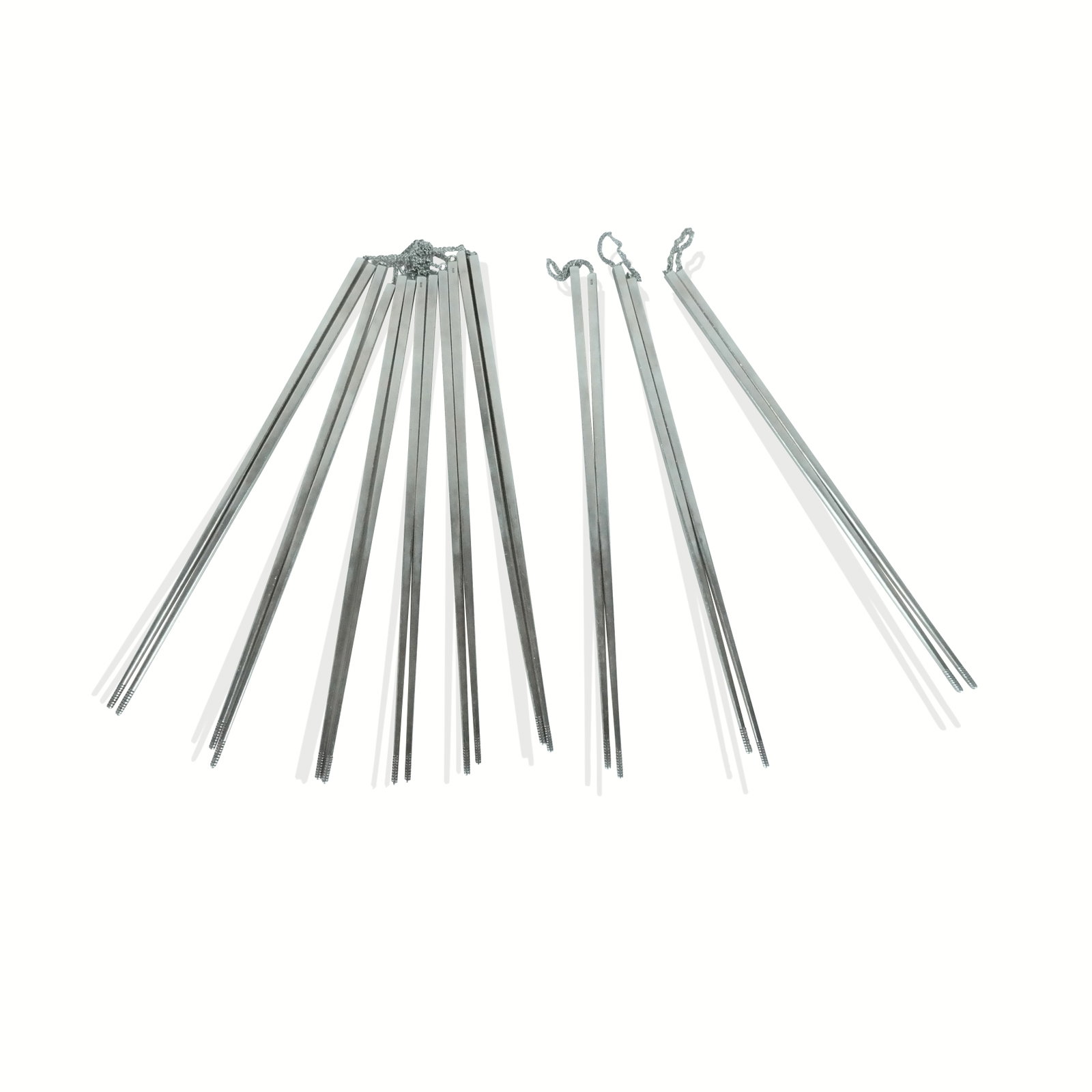 Nine Pair of Sterling Silver Chopsticks: Nine pair of sterling silver chopsticks, each marked 925 and joined by a chain.[Total 21.5 ozt., 9" L]. Overall condition is good, with signs of normal wear.