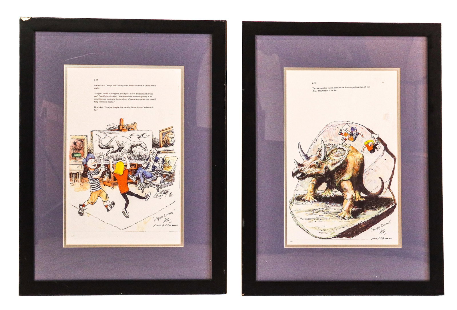 Louis Glanzman Book Illustration Prints, 2: Louis S. Glanzman (American, 1922-2013) group of two color prints depicting illustrations from children's stories, each signed, titled, and dated lower right "Happy Dreams," 2001. [Each print: 17" H x