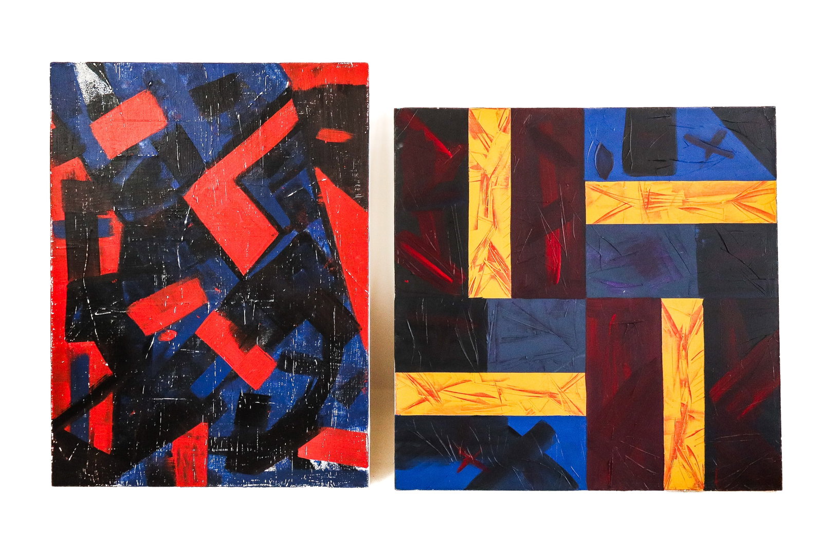 2 Contemporary Abstract Oil on Canvas Paintings: Two contemporary abstract geometric oil on canvas paintings, unframed. [40" H x 30" W; 36" sq.]. Scattered losses and wear, otherwise fine condition.