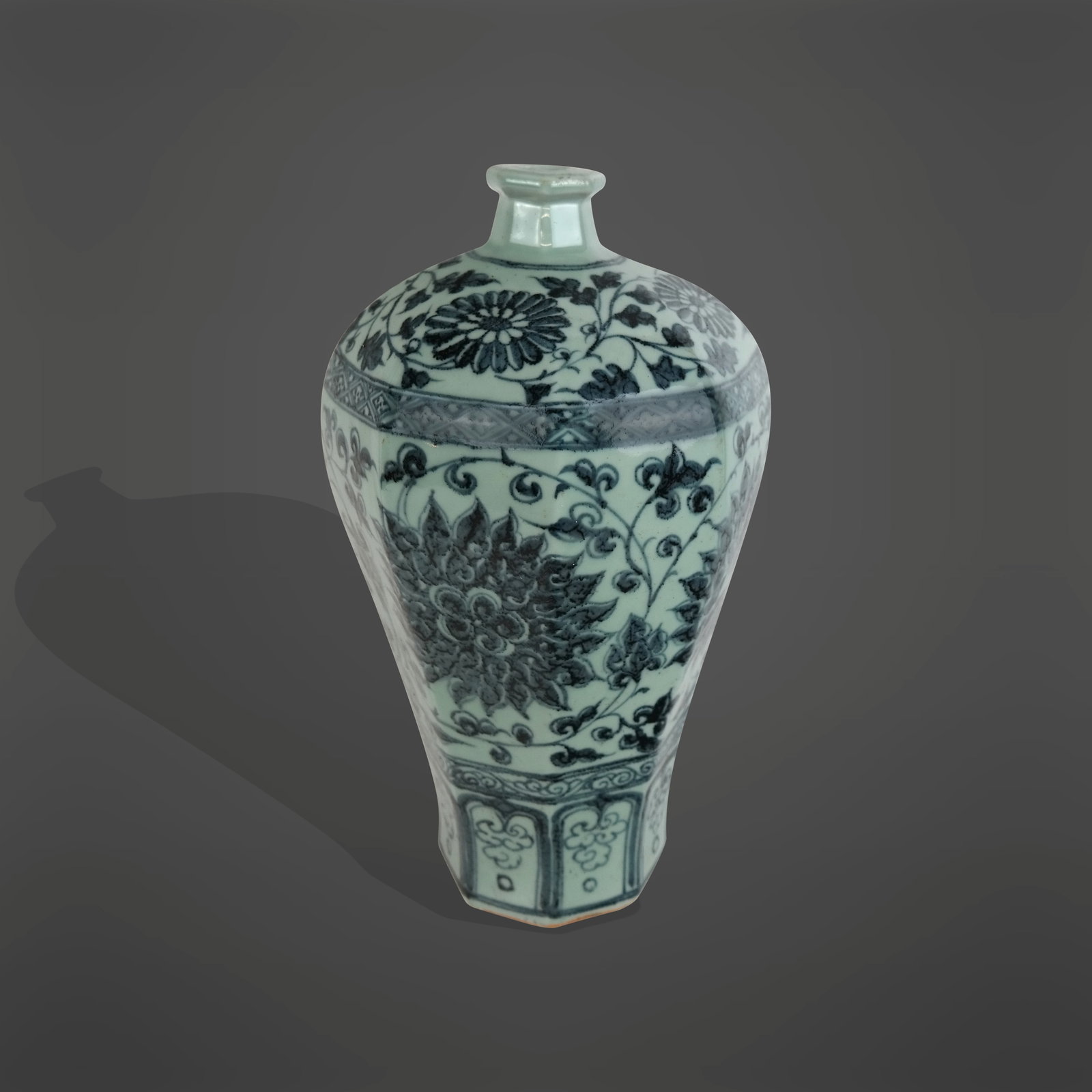 Chinese Qinghua Decorated Meiping Vase: Chinese Qinghua blue and white decorated meiping vase, 20th century, with hand-applied floral decoration, unmarked. [15" H x 8.5" Diameter]. Condition is good.