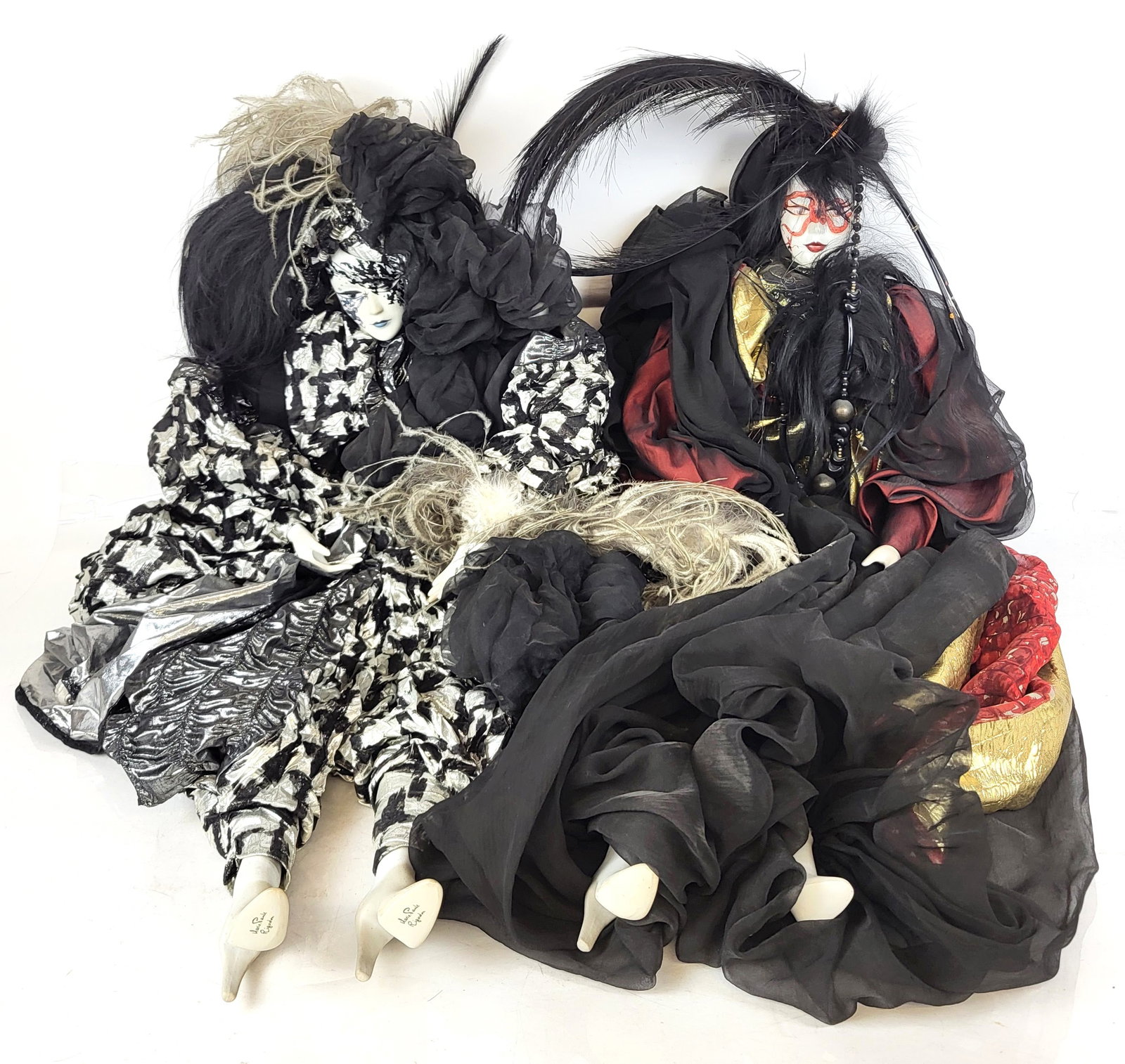 Marie Paule Rigodon Poupee Porcelain Dolls, 2: Two porcelain poupee fashion dolls by Marie Paule Rigodon atelier, France, circa 1980s, both signed Alain to temple with dates, and further marked Marie Paule Rigodon to feet. [39" H x 15" W x 5" D]. 