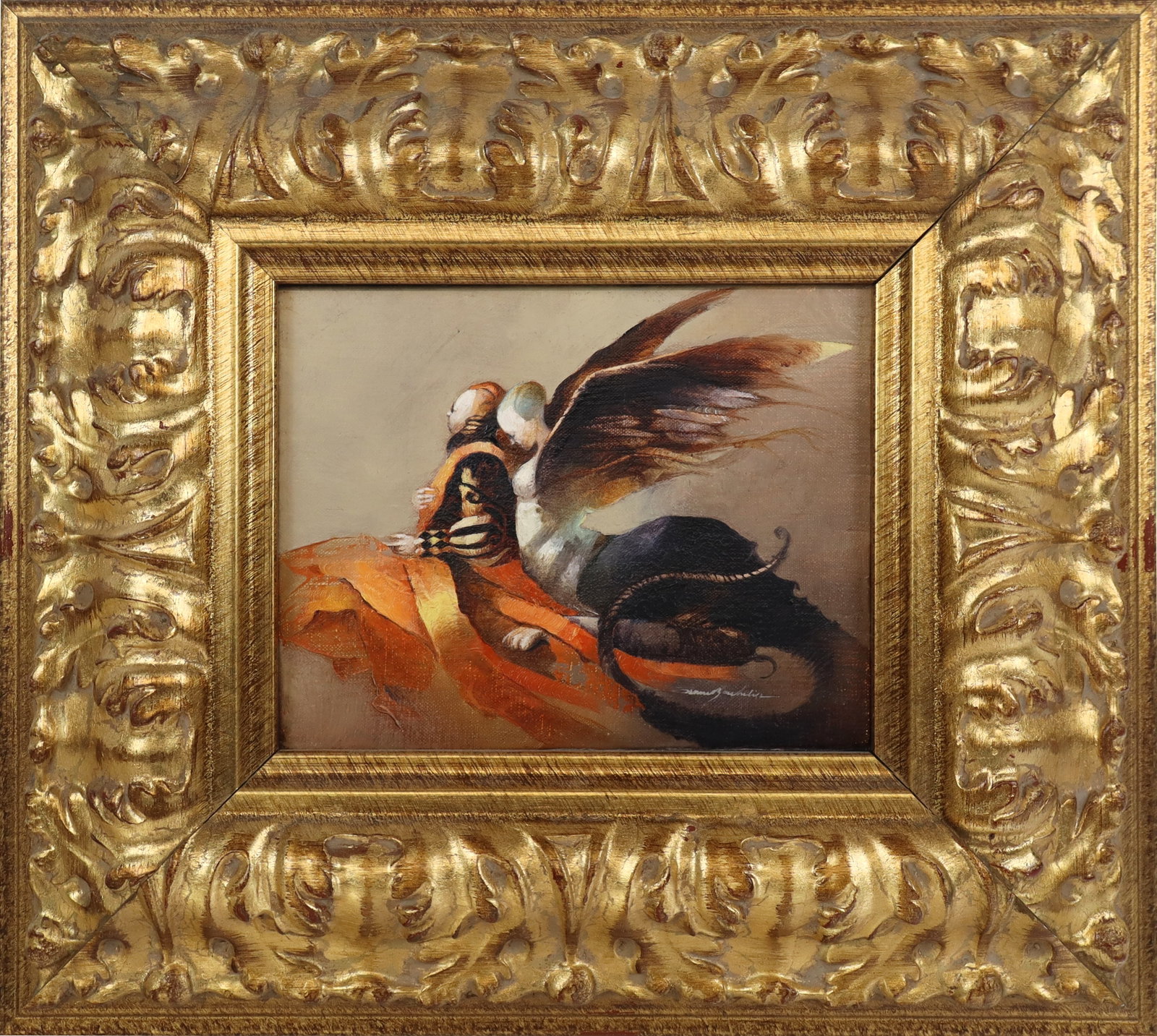 Anne BACHELIER "Les Secrets..." Oil on Canvas: Anne Bachelier (France, b. 1943) "Les Secrets, Les Silences," oil on canvas, undated, signed to lower right and to reverse with title, in a gilt frame. [Framed: 13" H x 15.5" W]. Condition is good. Fr