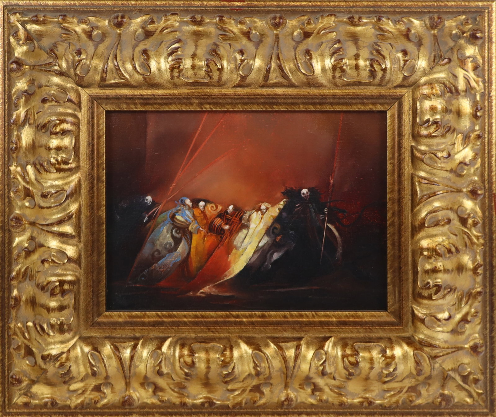 Anne BACHELIER "Danse Macabre" Oil on Canvas: Anne Bachelier (France, b. 1943) "Danse Macabre" oil on canvas, undated, signed to lower right and to reverse with title, in a gilt frame. [Framed: 13" H x 15.5" W]. Condition is good. From the esteem