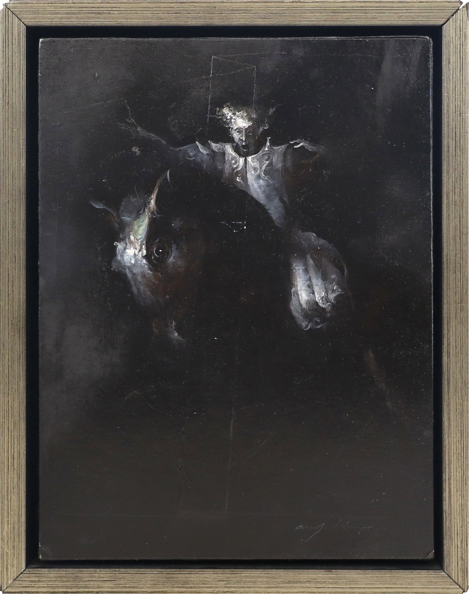 Anne BACHELIER Oil on Board with a Rider: Anne Bachelier (France, b. 1943) figural oil on board in grisaille, 2010, with a horse and rider, signed to lower right of image and to reverse with date and title, in a frame. [Framed: 11" H x 8.5"