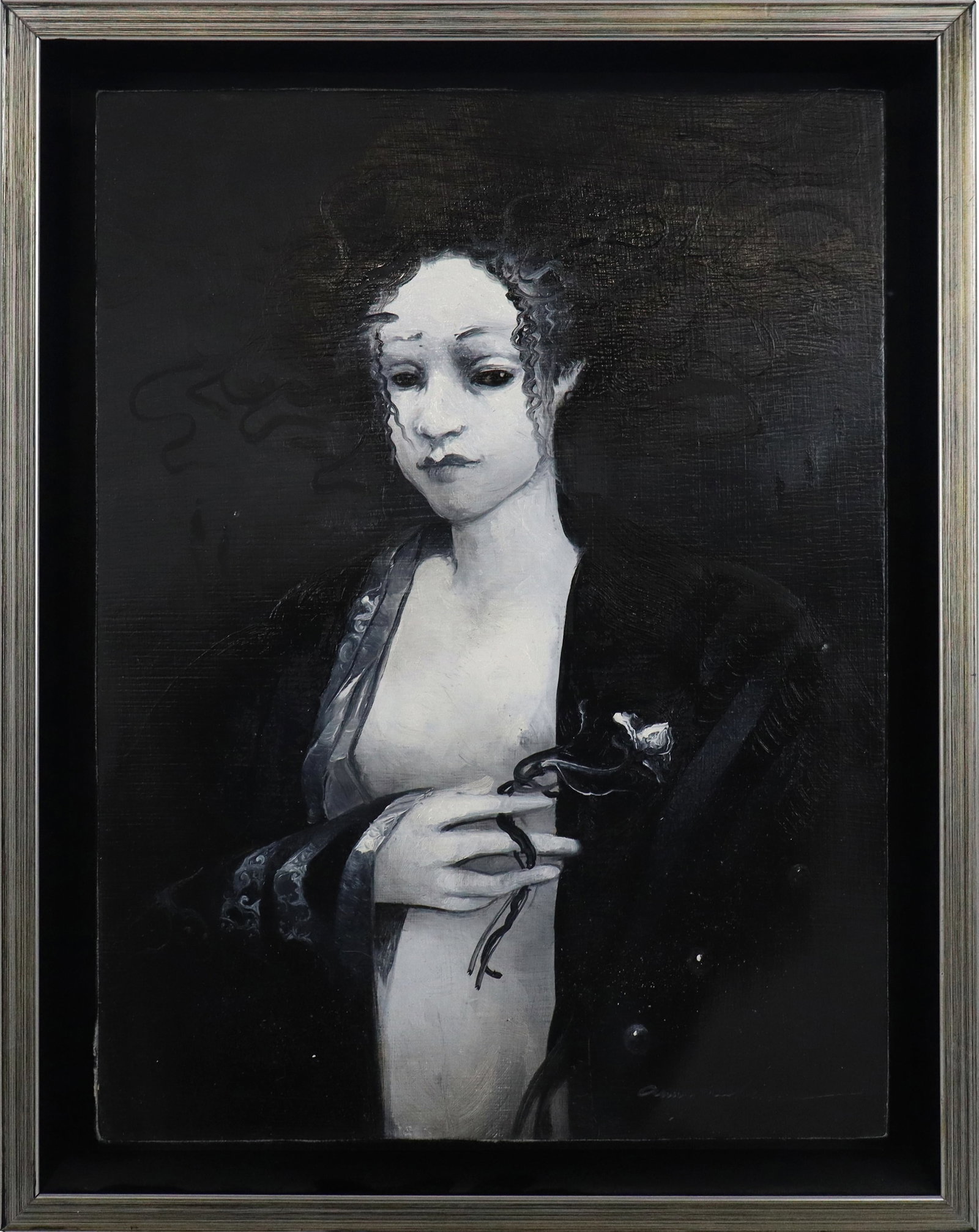 Anne BACHELIER Oil on Board Portrait: Anne Bachelier (France, b. 1943) oil on board portrait in grisaille, 2023, depicting a woman with a flower signed to lower right of image and to reverse with date and title, in a frame. [Framed: 11" H