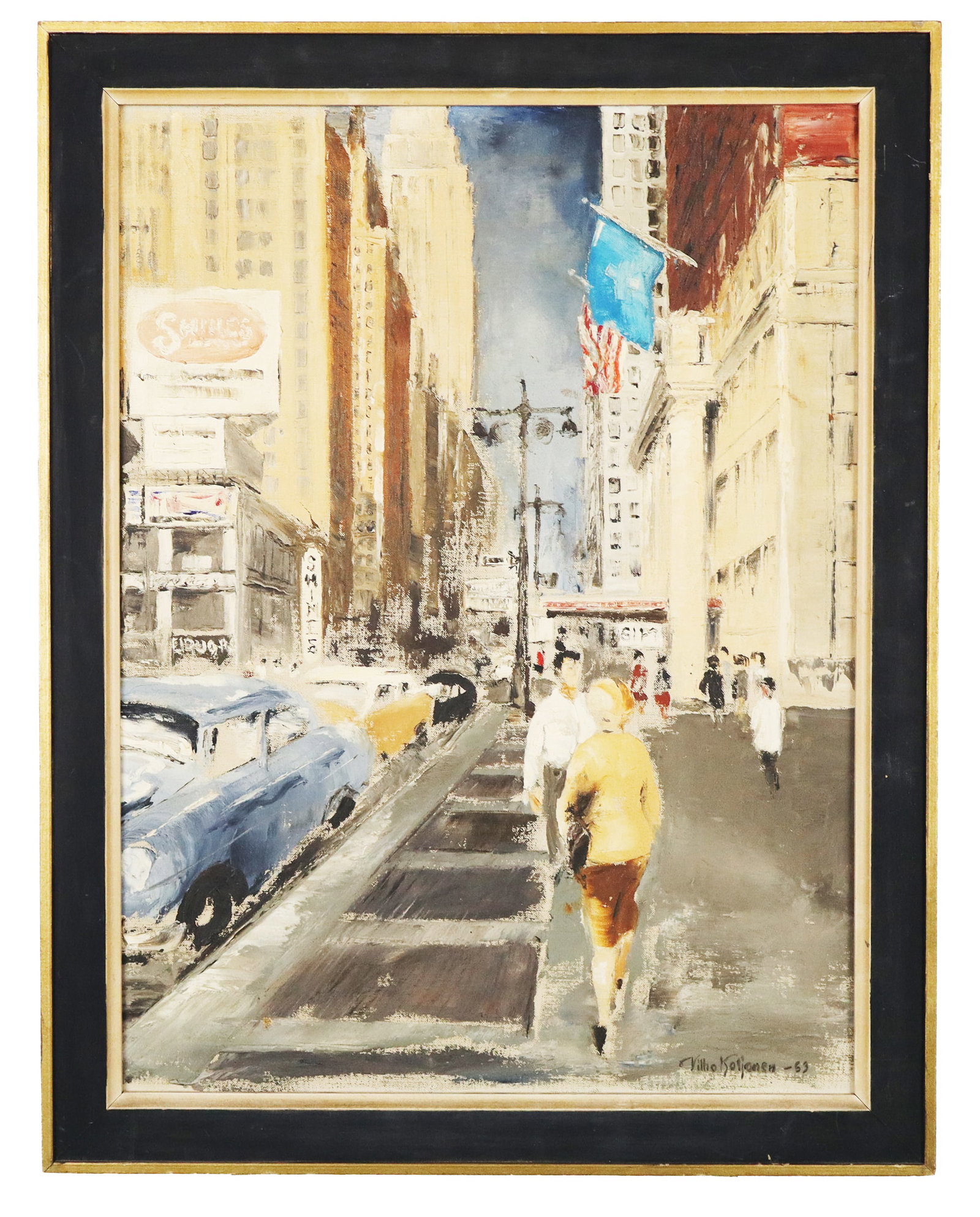 Vilho KOLJONEN "8th Avenue New York" Oil on Canvas: Framed oil on canvas painting depicting a figural street scene "8th Avenue New York," signed and dated lower right "Vilho Koljonen" (?), 1963. [Canvas: 24" H x 18" W; Frame: 27.25" H x 21.25" W]. Over