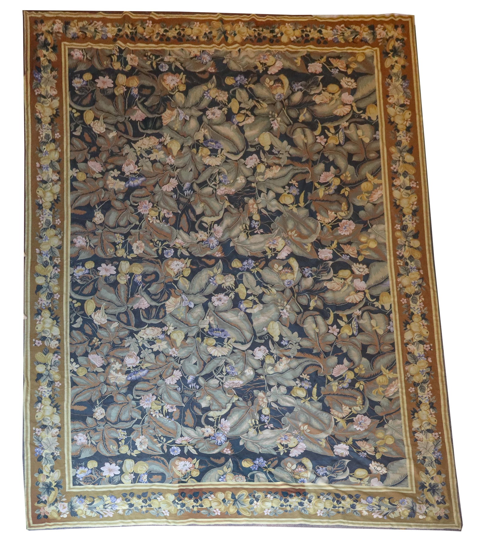 Palatial Aubusson Style Rug: Palatial abusing style rug, 20th century, with bird, fruit, and floral decoration in yellows and greens. [141.5" W x 208" L]. Condition is good with minimal wear and losses, some variation in color vi