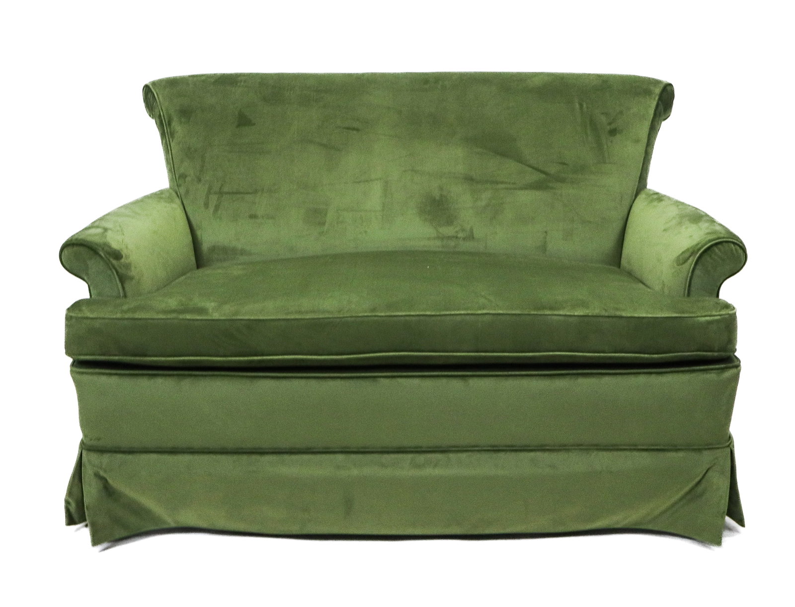 Green Velvet Upholstered Loveseat: Green velvet upholstered loveseat, slight roll back and delicate roll arms, green upholstered crushed velvet with skirt, pad seat. Mid 20th century. [34" H x 53" x 34"]. Good condition, slight wear to