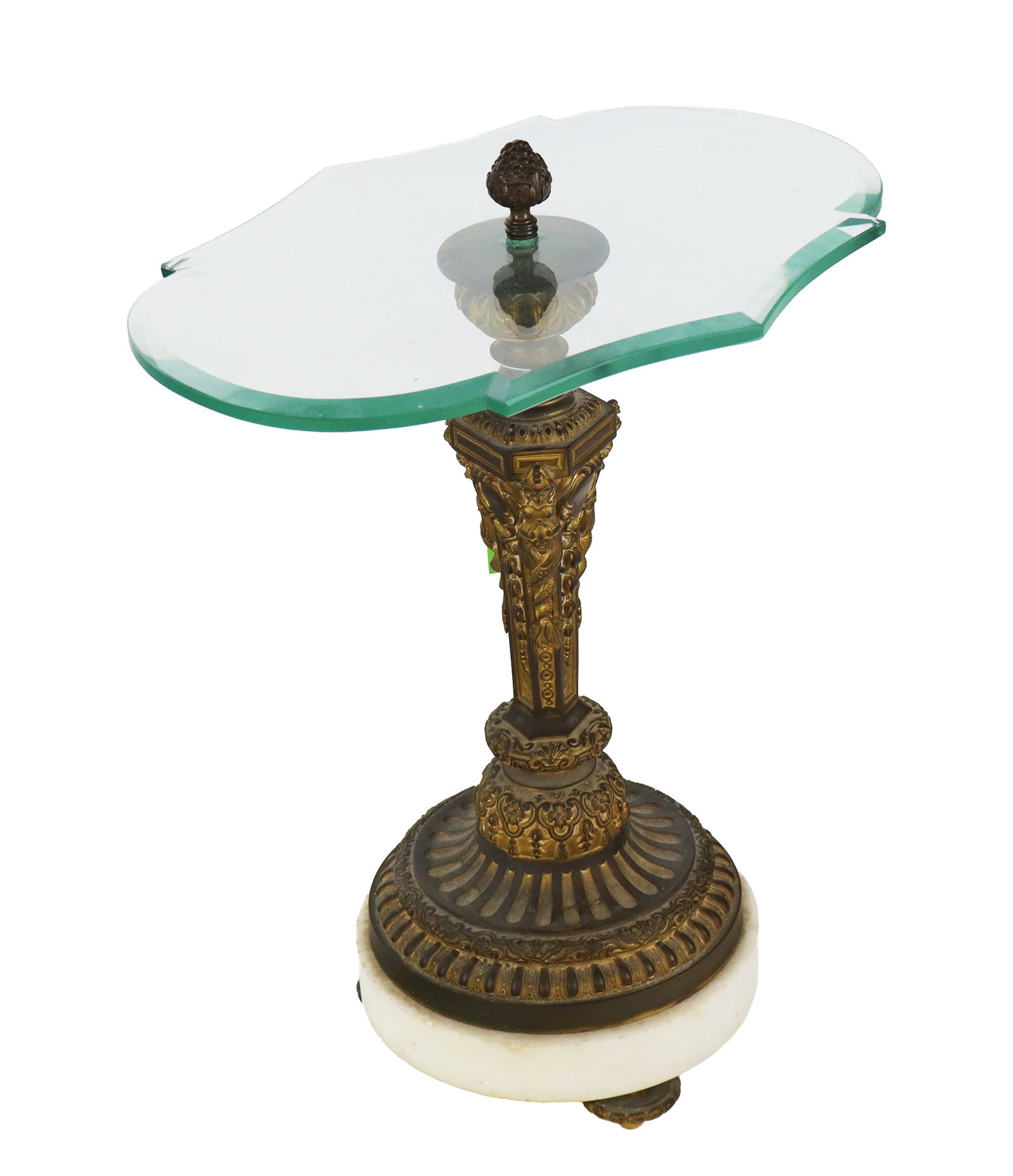 Bronze and Marble Glass Top Cocktail Table: Bronze and white marble table, 19th century, with a later glass top and figural details to bronze at lower. [22" H x 16" W x 12" D]. Condition is good with heavy patina to bronze and some wear to marb