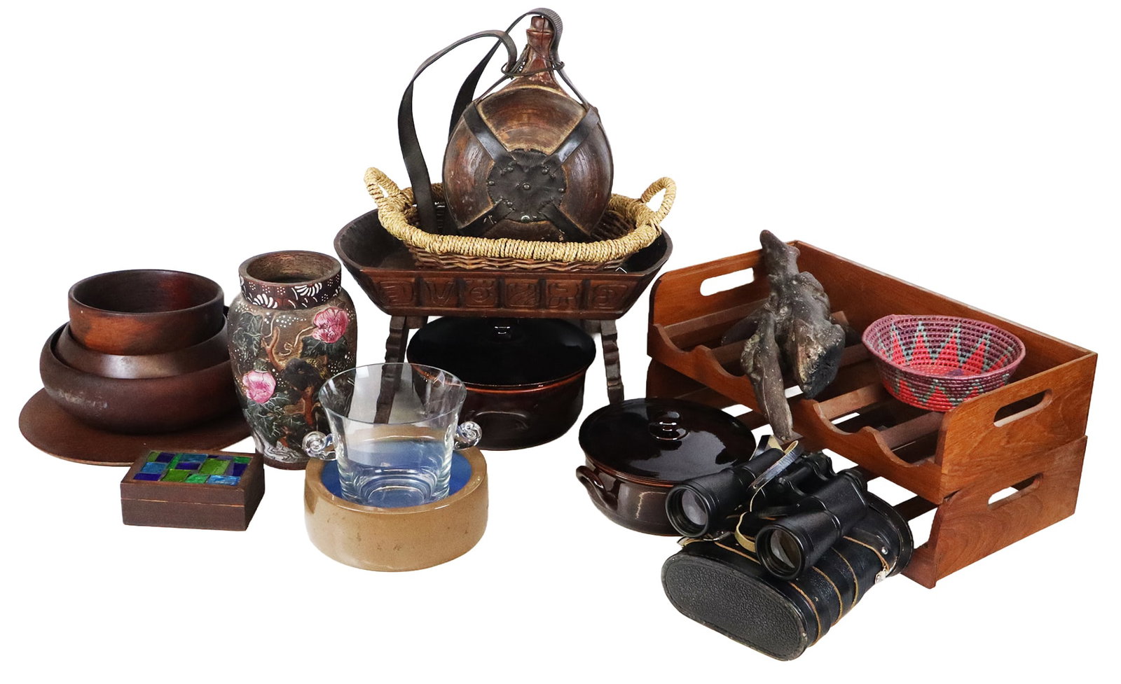 Large Group of Homewares, 14: Large group of homewares, comprising two Vulcania covered dishes, each marked Made in Italy, a Steuben crystal ice bucket, a dog bowl marked Made in England, a wood plate, three wooden bowls including