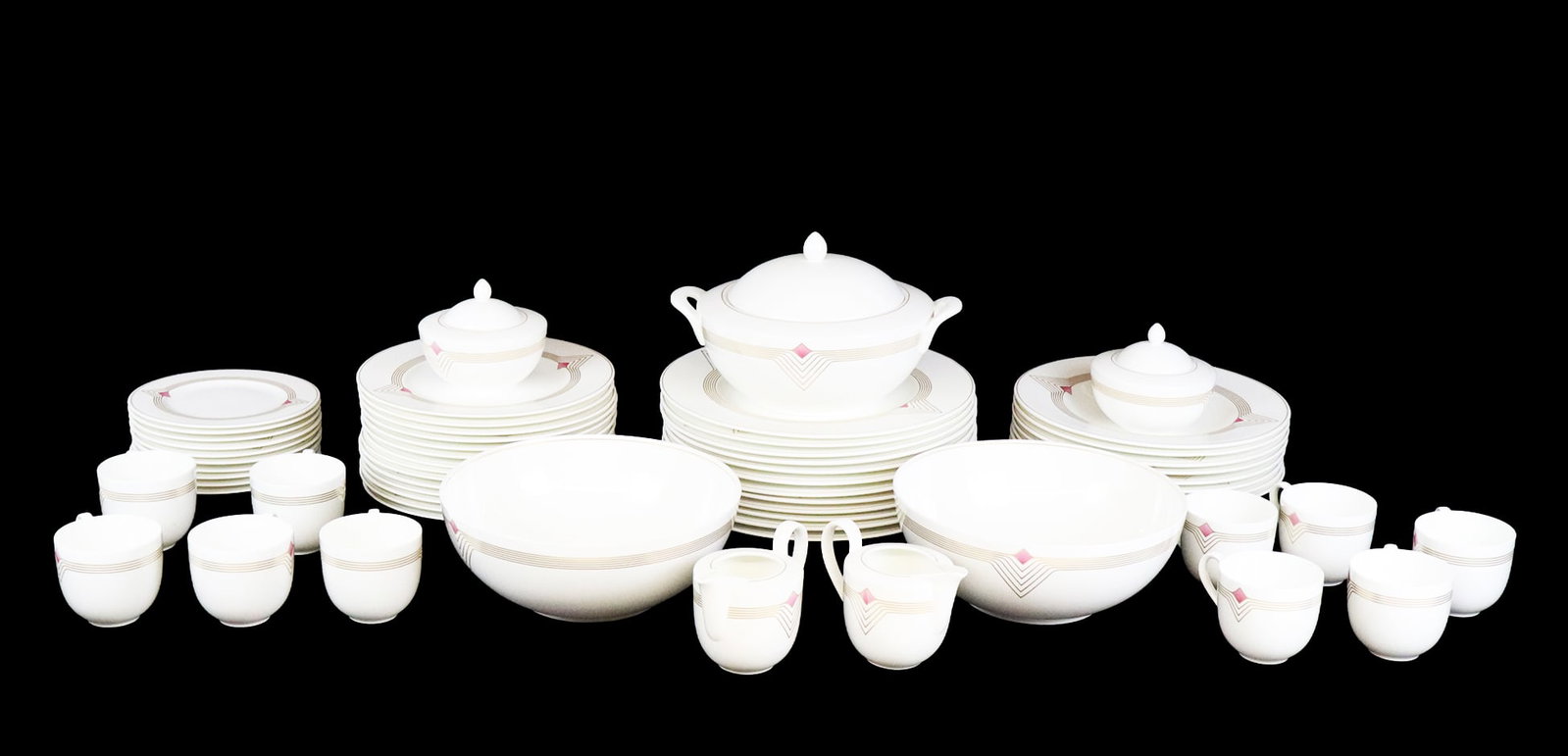 Villeroy & Boch "Origo" Partial Service, 58: Villeroy & Boch "Origo" partial china service, 21st century, with gilt and coral tone decoration comprising eight teacups, two creamers, two covered sugars, two serving bowls, a covered vegetable