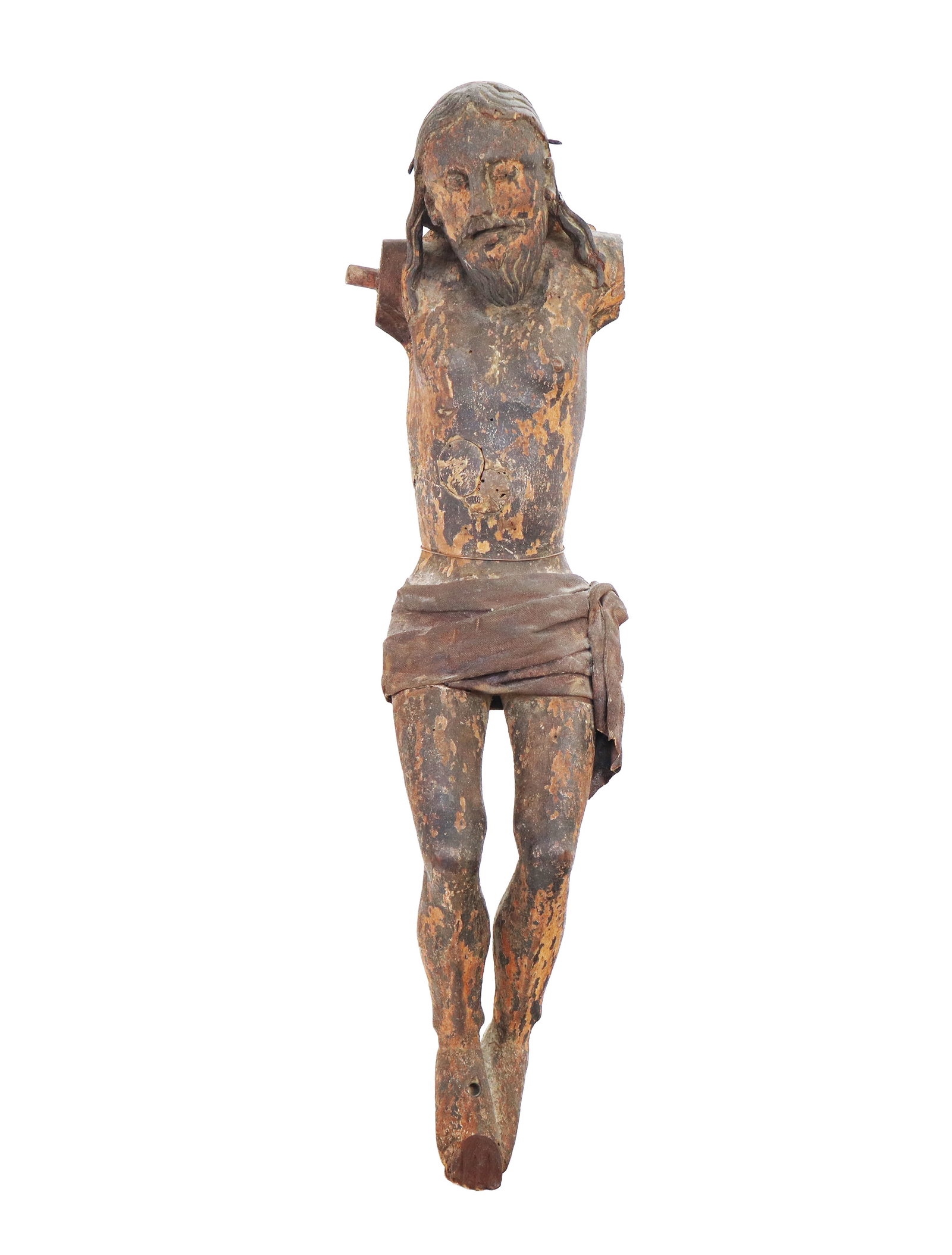 Carved Wood Icon of Christ on the Cross: Carved wood icon of Christ on the cross, Europe, 18th century, with waxed canvas loin cloth. [23.5" H x 6" W x 5.5" D]. Condition is good with surface wear and losses, and losses to both arms, restora