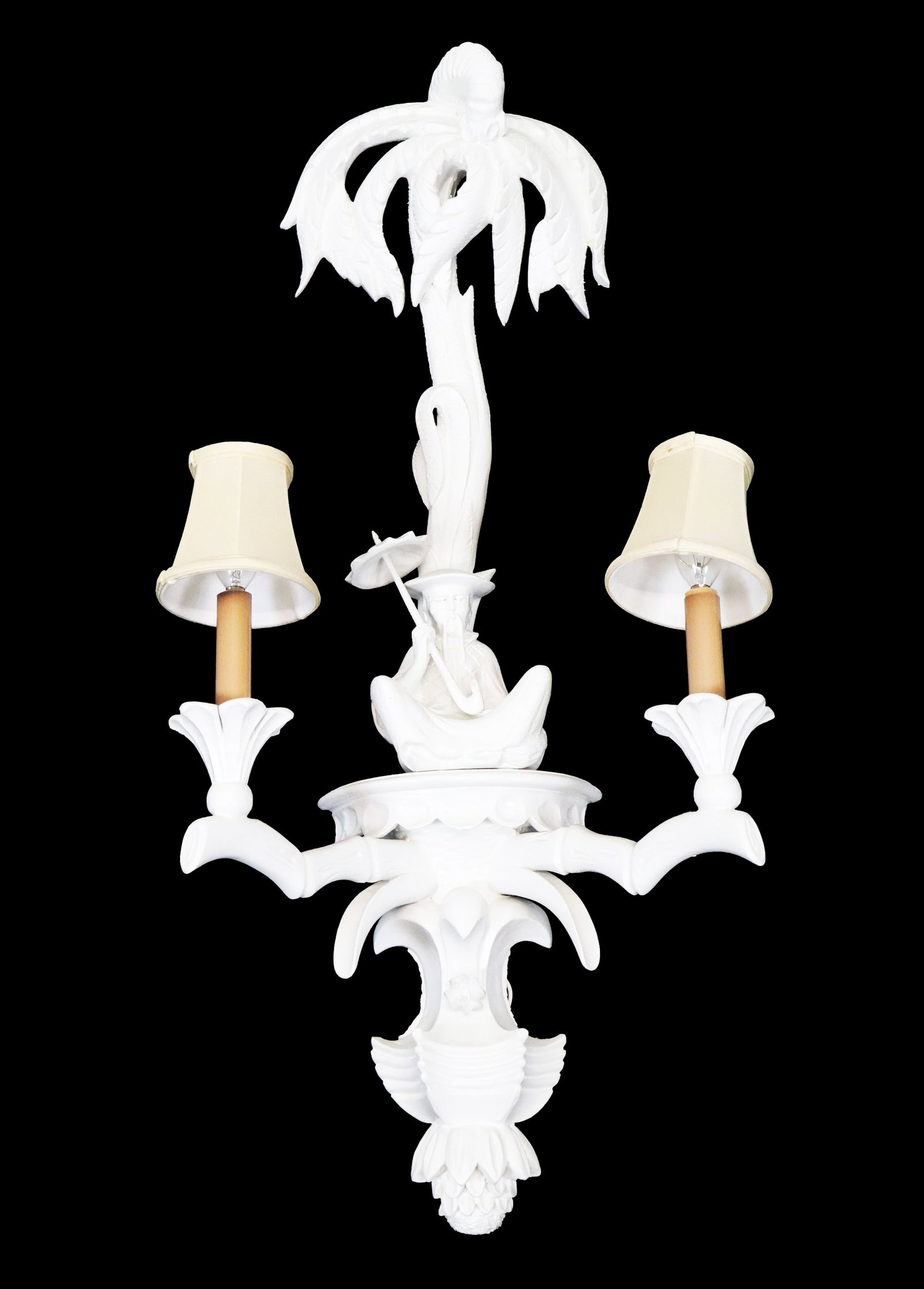 Carved Contemporary Sconce: Carved contemporary sconce having seated Chinese figures with umbrella on a demilune pedestal with ornate tree top and leaves. Ending in acorn finial. LOCATED AT 150