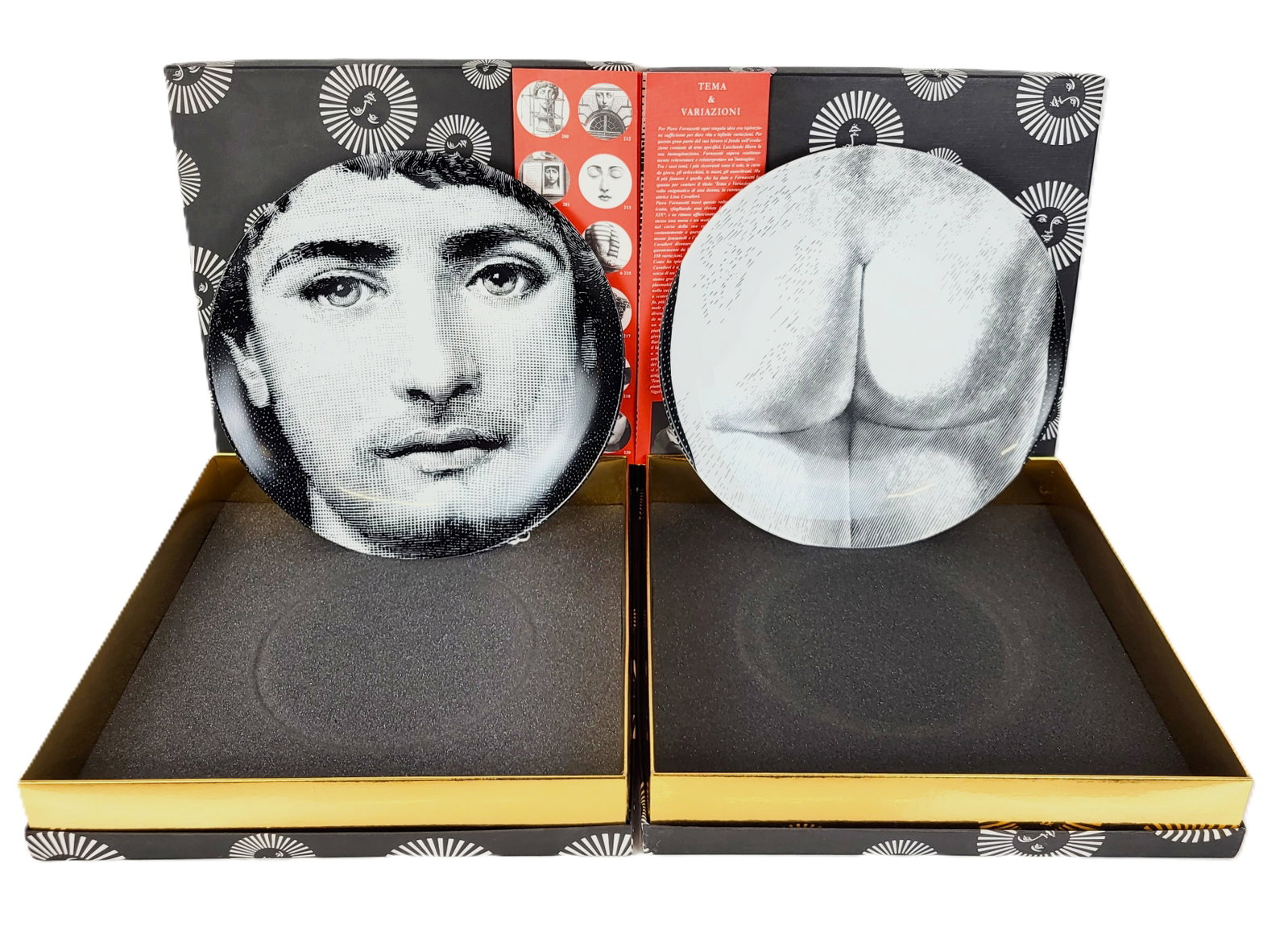 Fornasetti Tema e Variazioni Porcelain Plates, 2: Piero Fornasetti, two porcelain wall plates, 21st century, from the Tema e Variazioni line, including styles number 306 and 333, each marked Fornasetti Milano to bases with style numbers, in original 