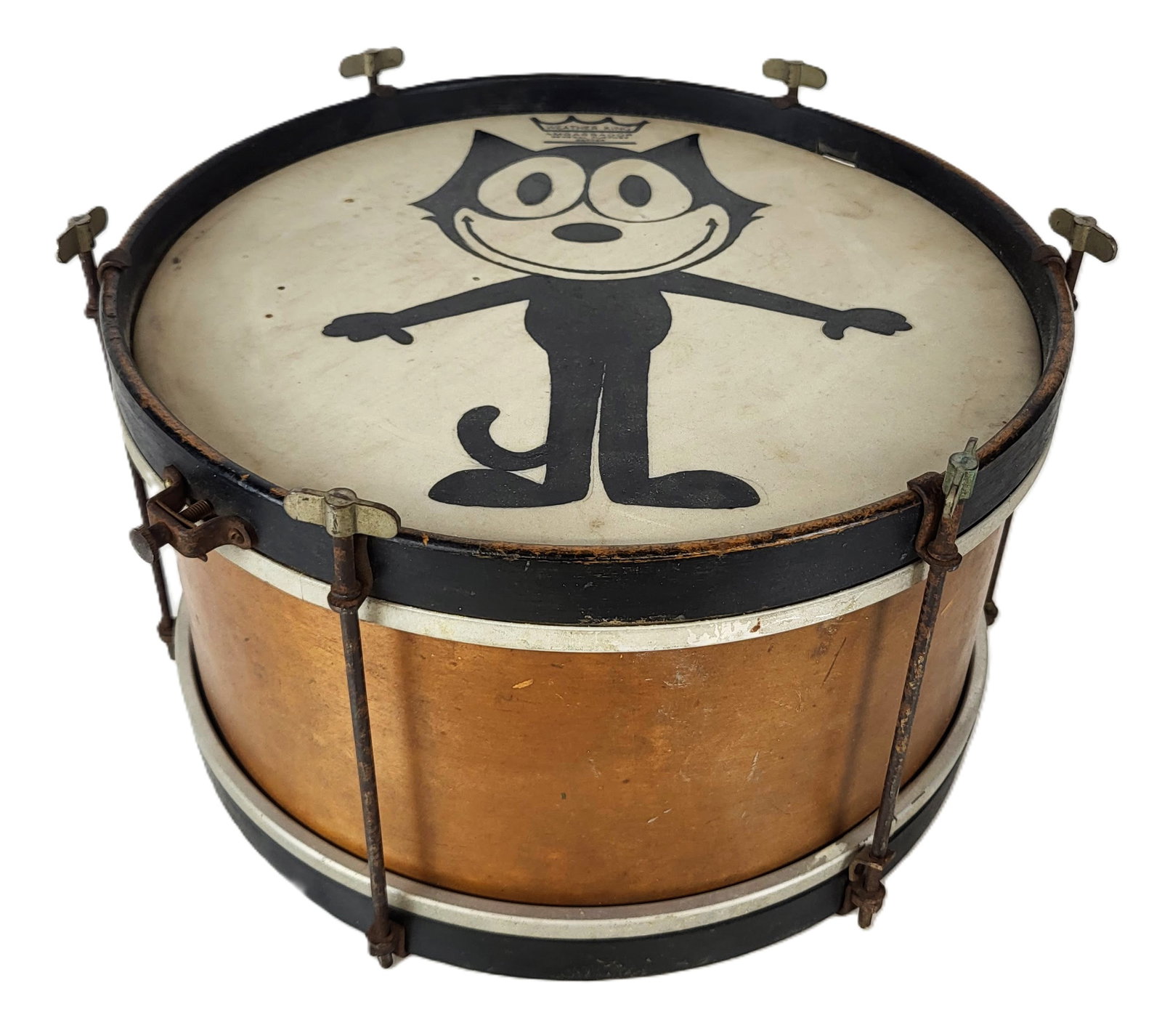 Weather King Ambassador Drum with Felix the Cat: Weather King Ambassador drum, 20th century, with later painted Felix the Cat decoration, marked Weather King to each side. [8" H x 13.5" Diameter]. Condition is good with age-related wear, and rust to