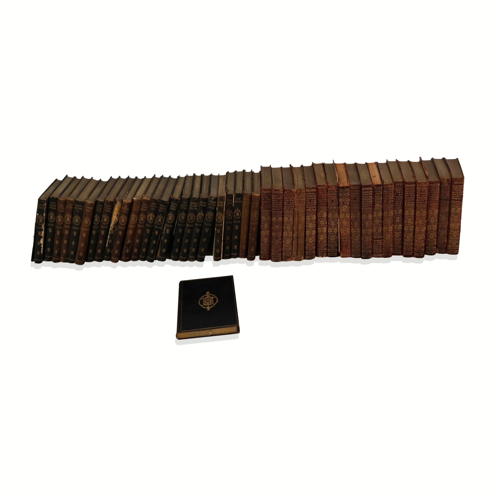 Two Leatherbound Sets - Scott, Bart, & Nelson - 43: Two leatherbound sets labeled Scott, Bart, and Nelson. Gilt lettering on red, blue and brown, likely incomplete sets. 43 volumes in all. Poor to fair condition.