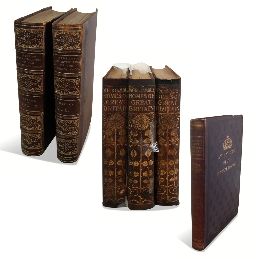 Six Large Leatherbound Volumes: Six large leatherbound volumes. Three "Famous Homes of Great Britain", Two "History of Tower of London", One "Ancient Royal Palaces". Fair to Good condition.