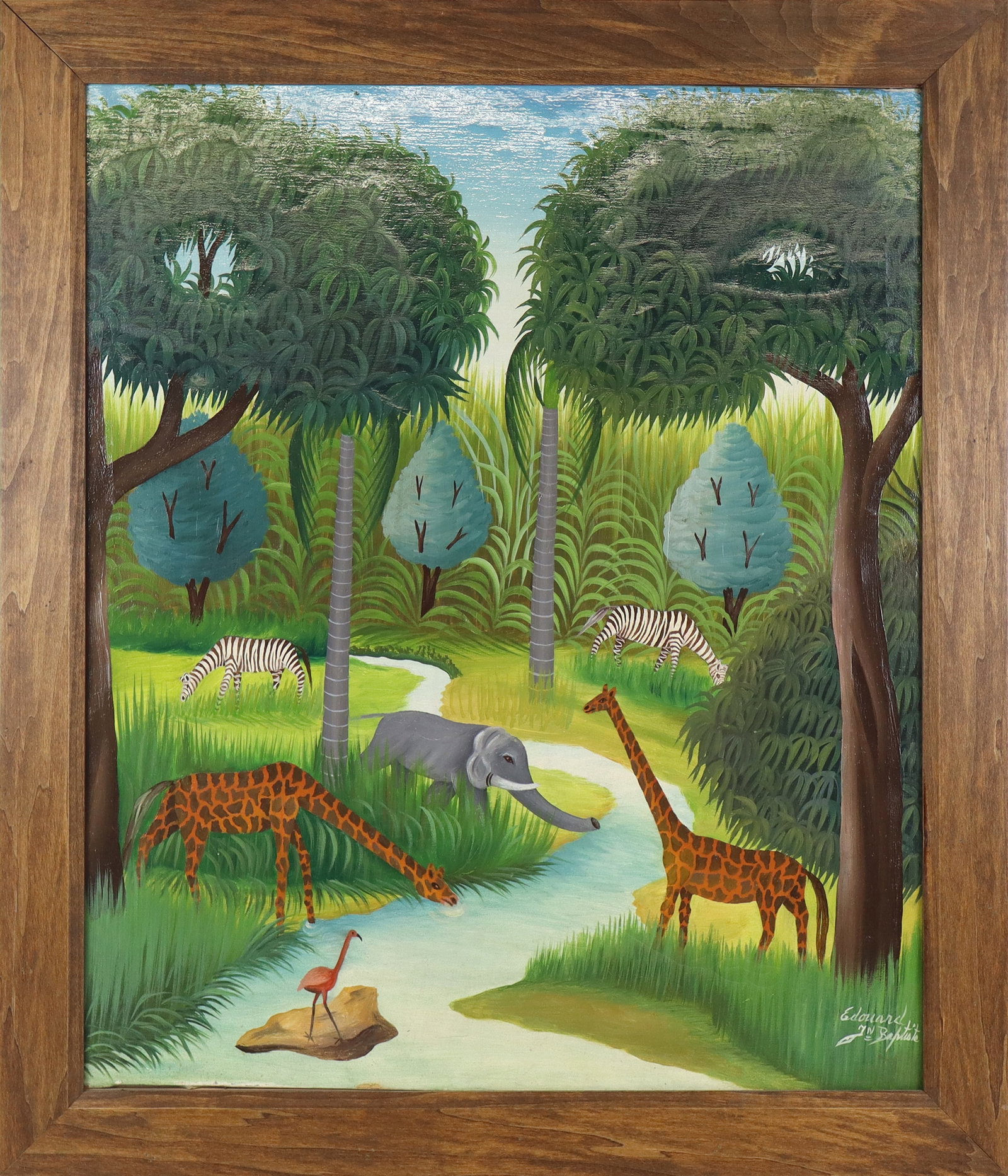 Edouard Jean Baptiste Oil on Canvas with Animals: Edouard Jean Baptiste, 20th century, oil on canvas jungle scene, signed to lower right, in a frame. [Framed: 28" H x 23.5" W]. Condition is good with some minor losses to edge.