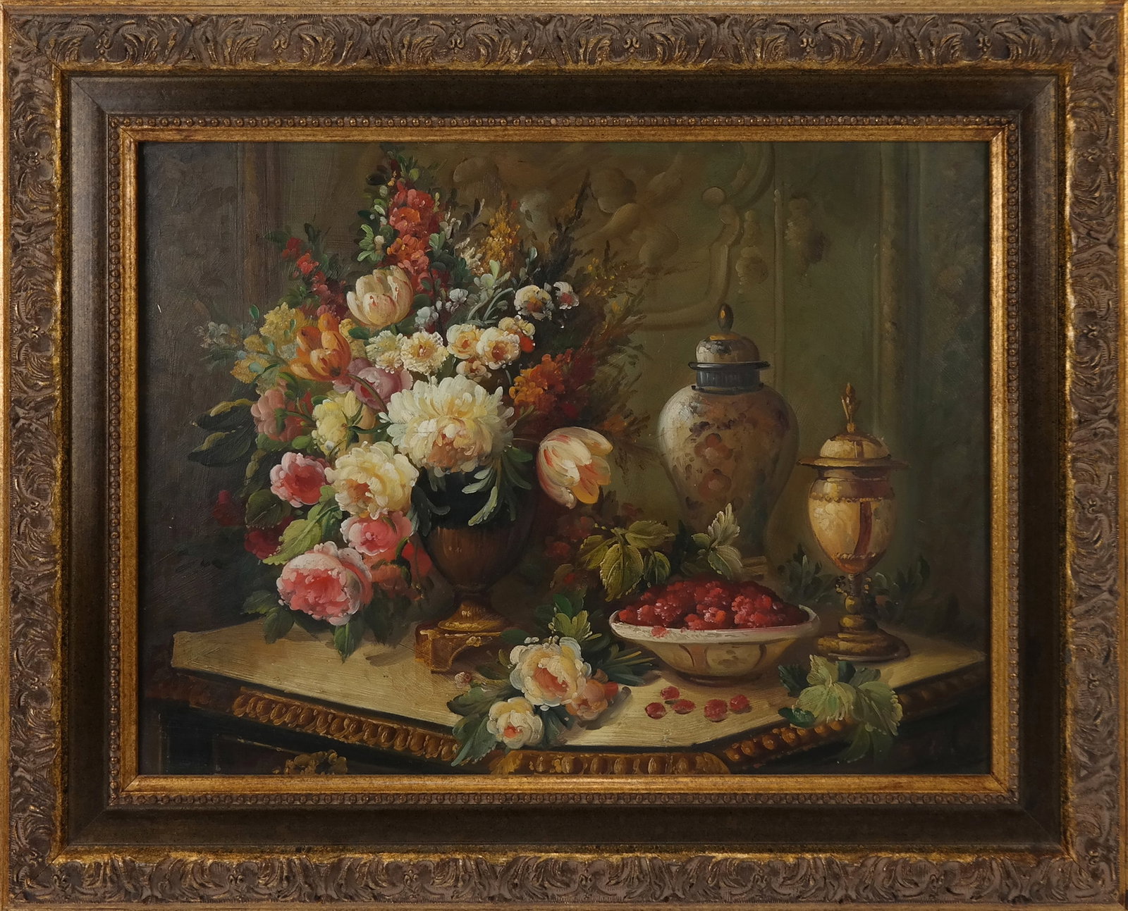 Reproduction Oil on Panel Flemish Still Life: Reproduction Oil on panel of a Flemish table still life with flowers and urns against a painted wall backdrop. Faint signature lower right. 20th cent. [11.5" H x 15.5" W; 17" H x 21" W] Very good