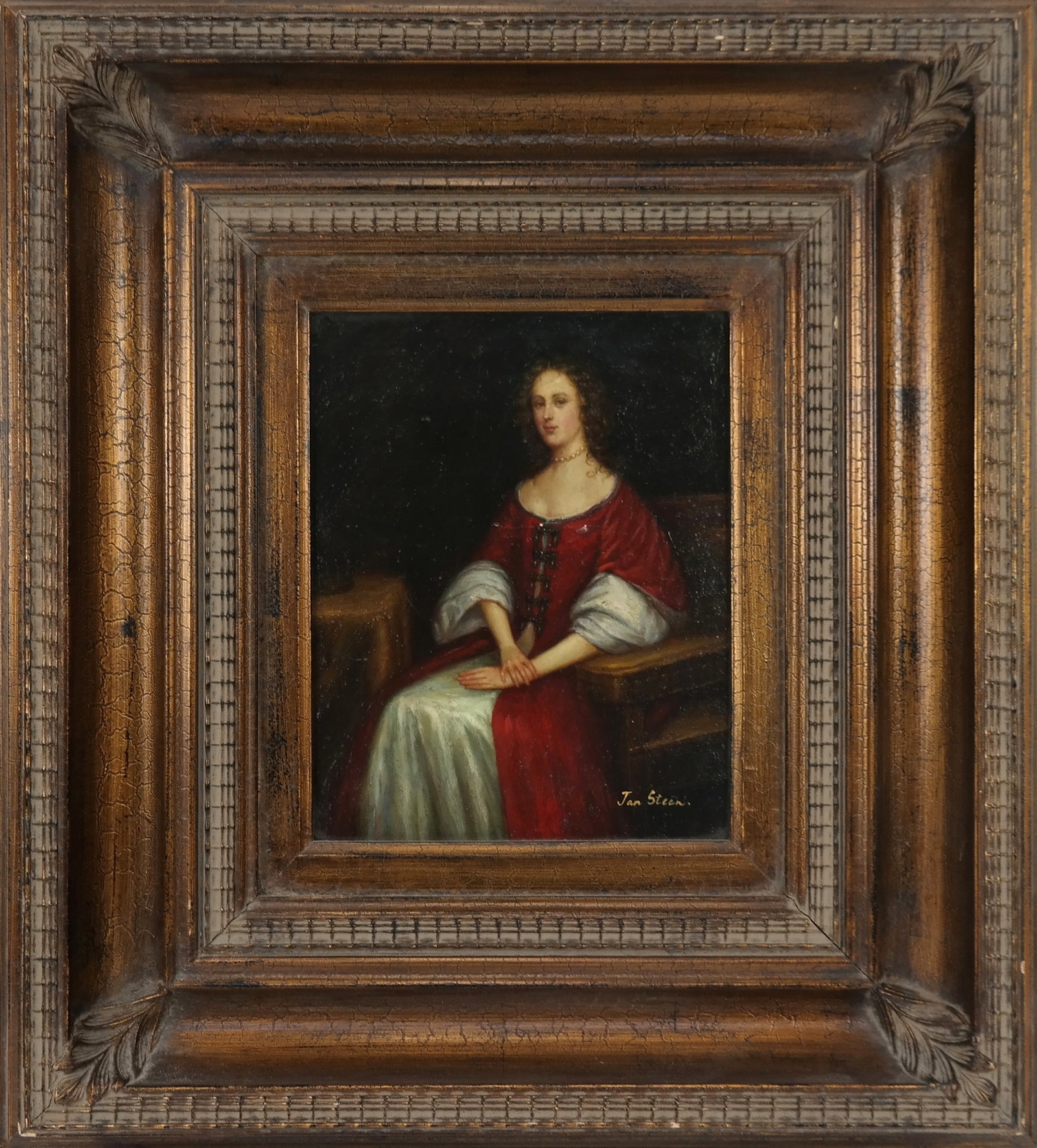After Jan STEEN - Oil on Panel Portrait: After Jan STEEN, oil on panel, sitting portrait of a woman in a red and white dress, with pearls. 20th century reproduction. Signed lower right. [9.5" H x 7.5" W; 21" H x 19" W]. Very good condition.