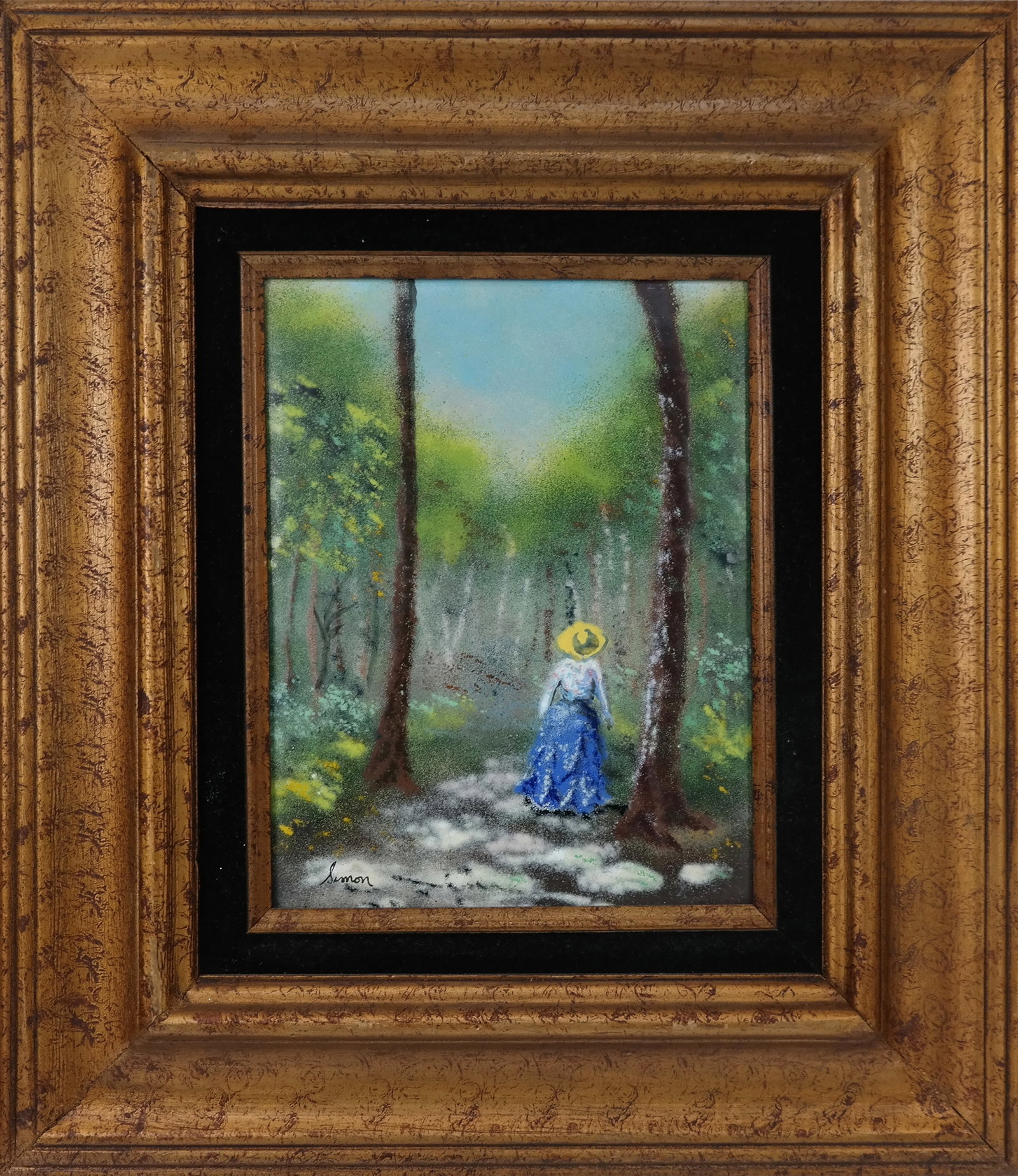 Signed SIMON French Enamel on Copper: Signed SIMON, French enamel on copper, study of a woman in blue dress in forest. Signed lower left. [9.5" H x 7.5" W; 18" H x 16"W]. Fine condition.