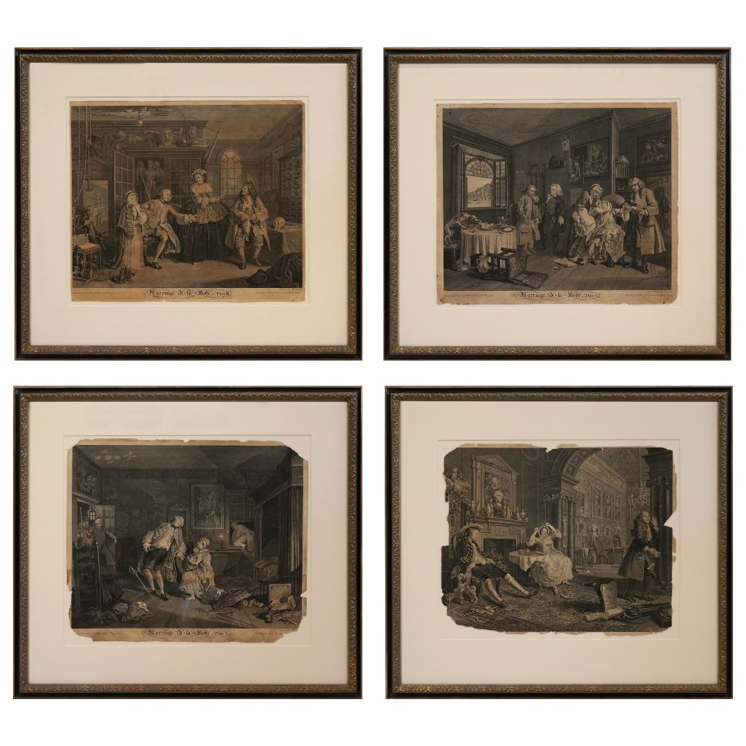 Set of Antique Engravings - Four: Set of Four Antique engravings "Marriage A la Mode", by Hogarth, four of the original set of six. 19th Century. Plates III, V, VI and unknown. [15" H x 18" W matting; 24" H x 27" W frame]. Major margi