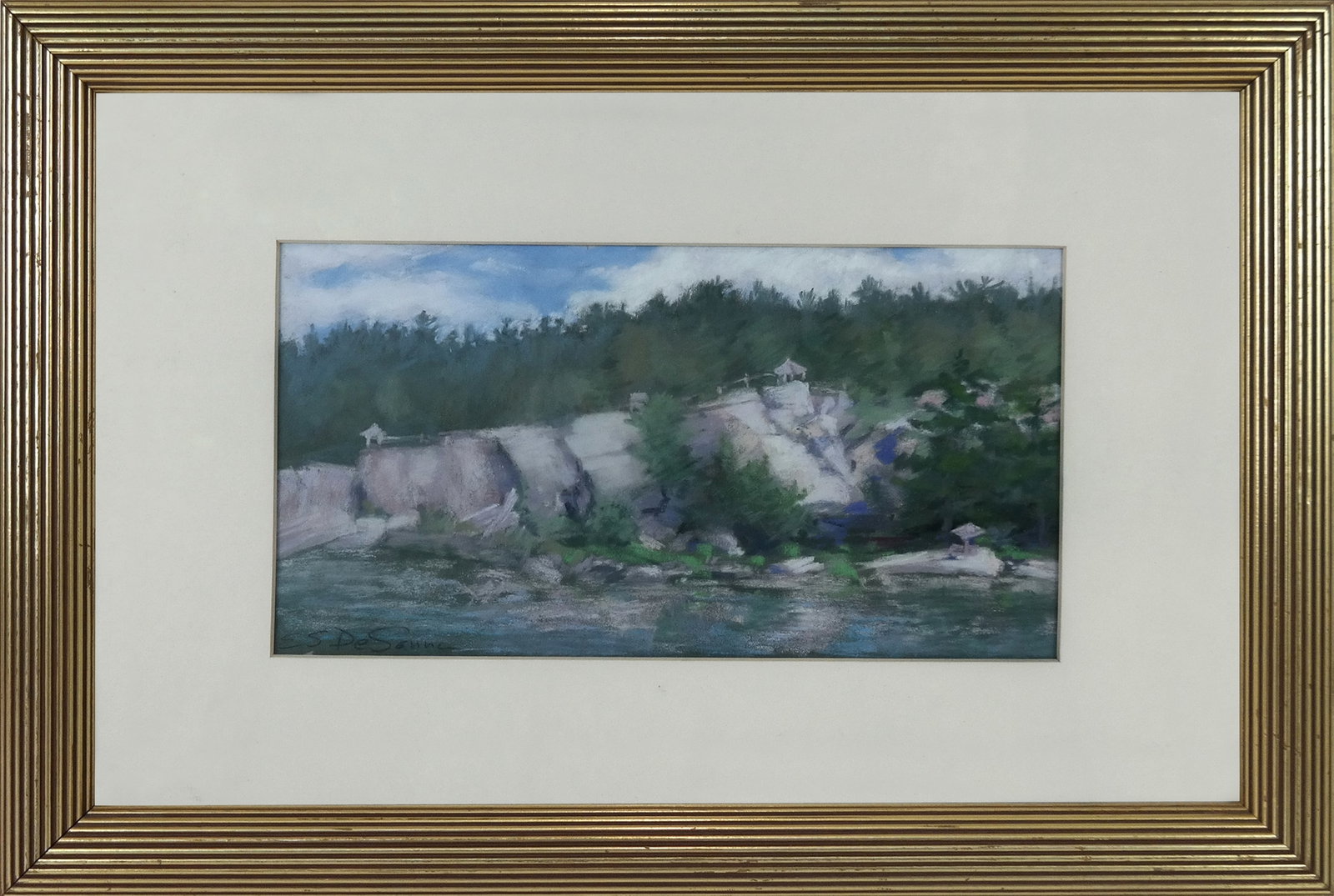 Sue DESANNA - Gouache - Shore: Sue DESANNA (Am. 21st Century)- Gouache, colorful shore scene along a river.. Signed lower left. [7" H x 12" W; 15" H x 22" W]. Fine condition,