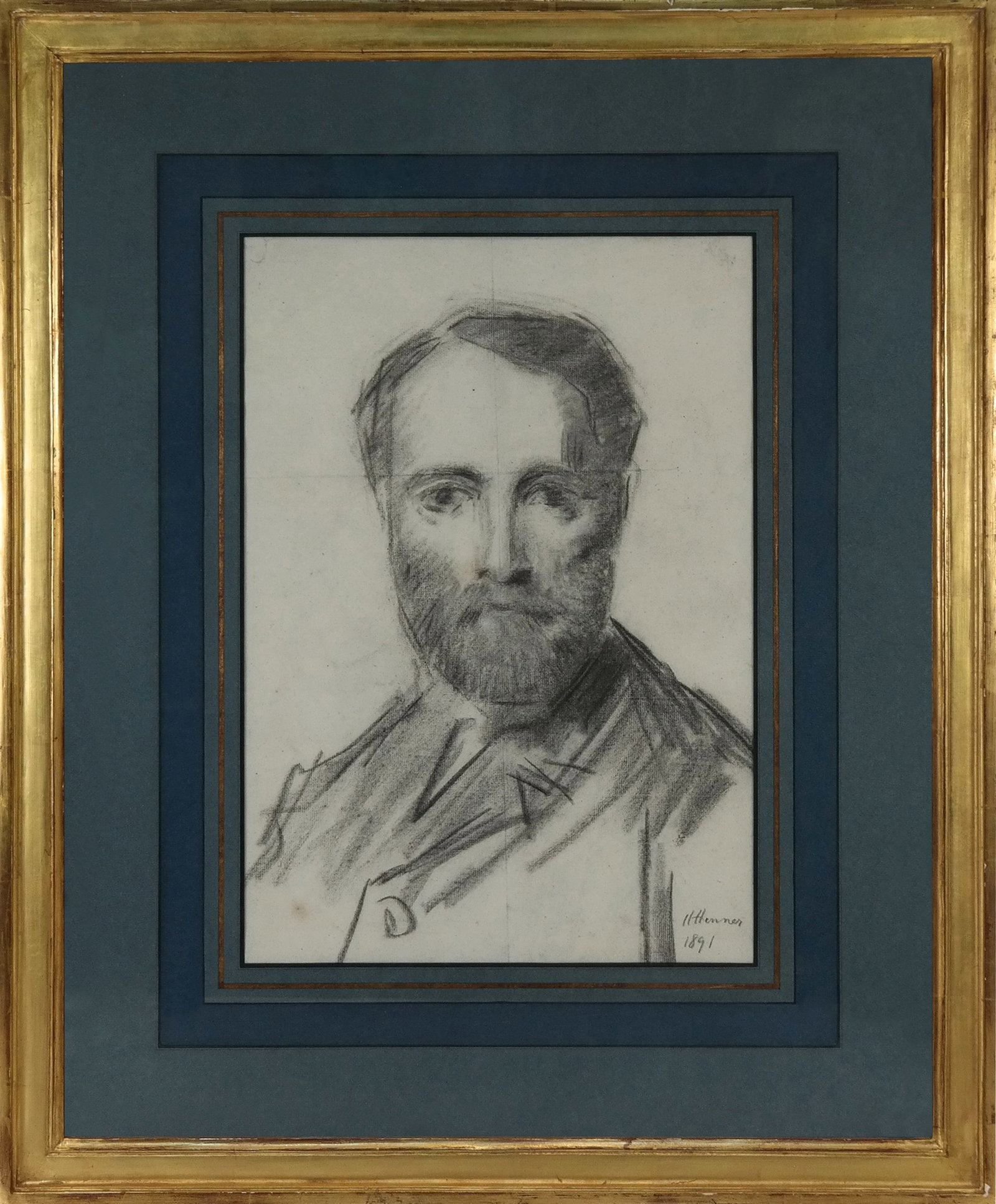 H. HENNER - Portrait: H. HENNER - Charcoal drawing, portrait of a man with beard. Signed lower right, dated 1891. [17" H x 11" W; 28" H x 22.5" W]. Age spots on paper, otherwise good.