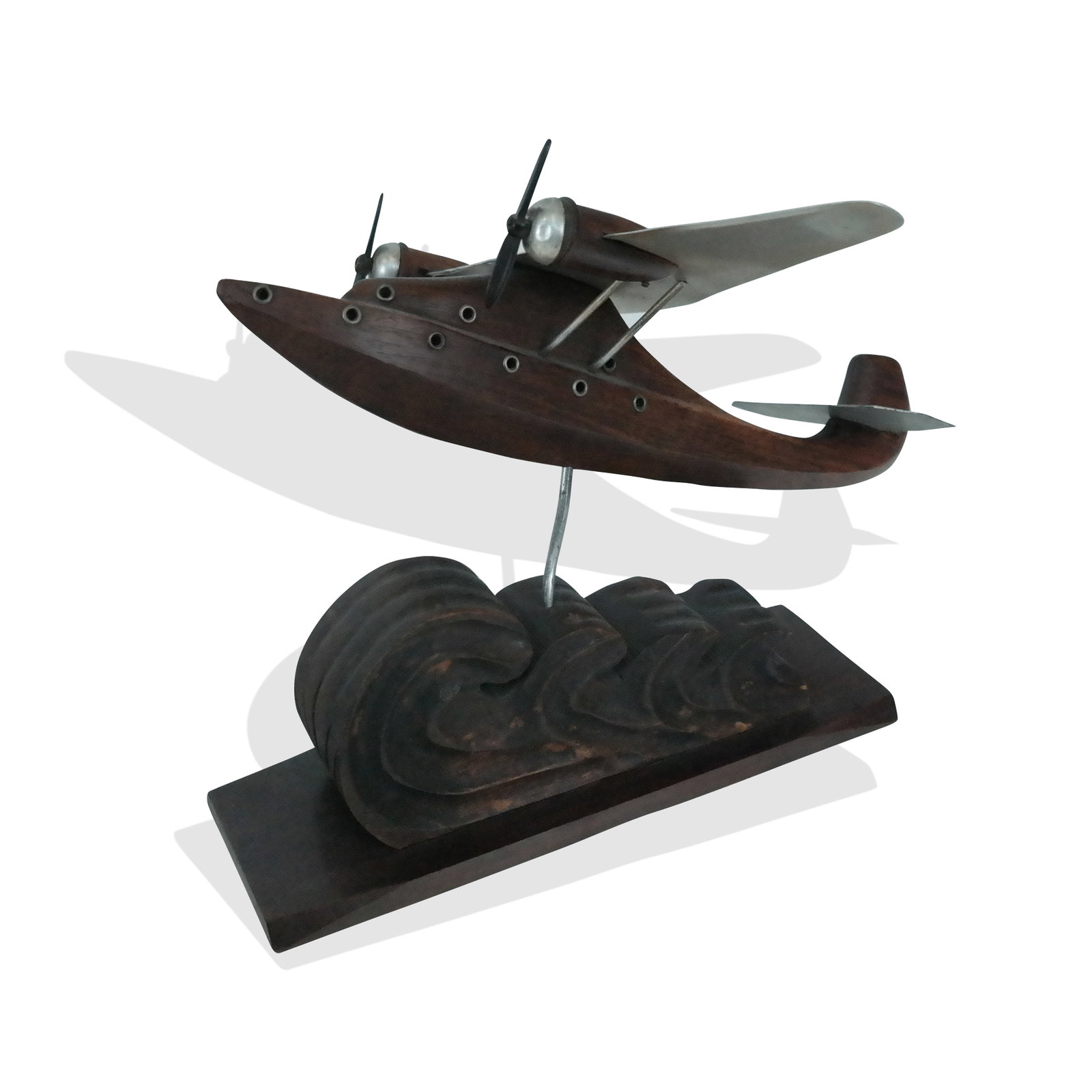 Carved wood and metal alloy sea plane on stand (1 of 9)