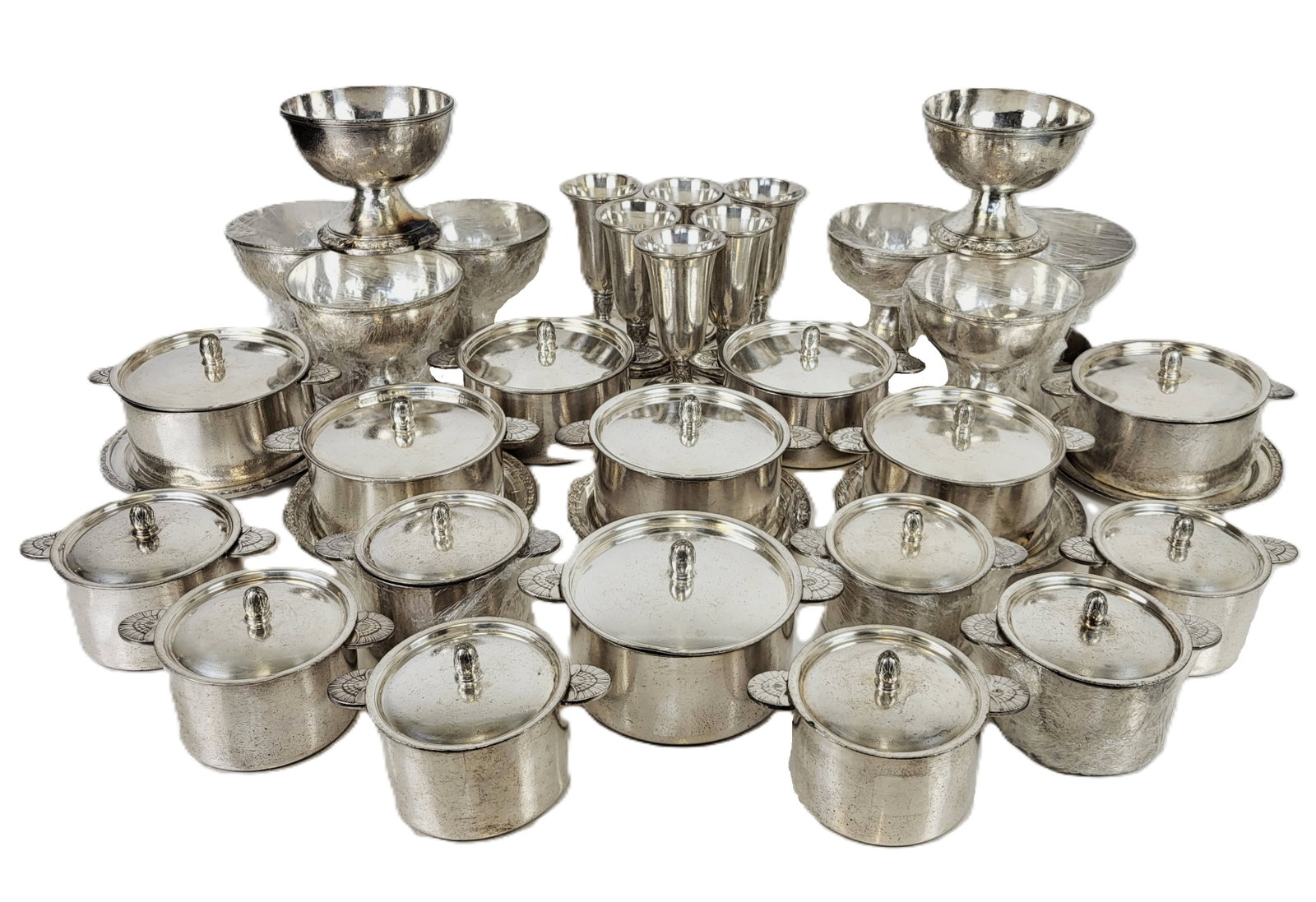 Int. Silver Co. Art Deco Silver Plate, 34: 34 silver plated serving pieces by International Silver Co., in an Art Deco pattern, for United States Lines, Mid century. Hotel grade heavy. Set of 8 coupes, set of 8 large covered ramekins, set of 8