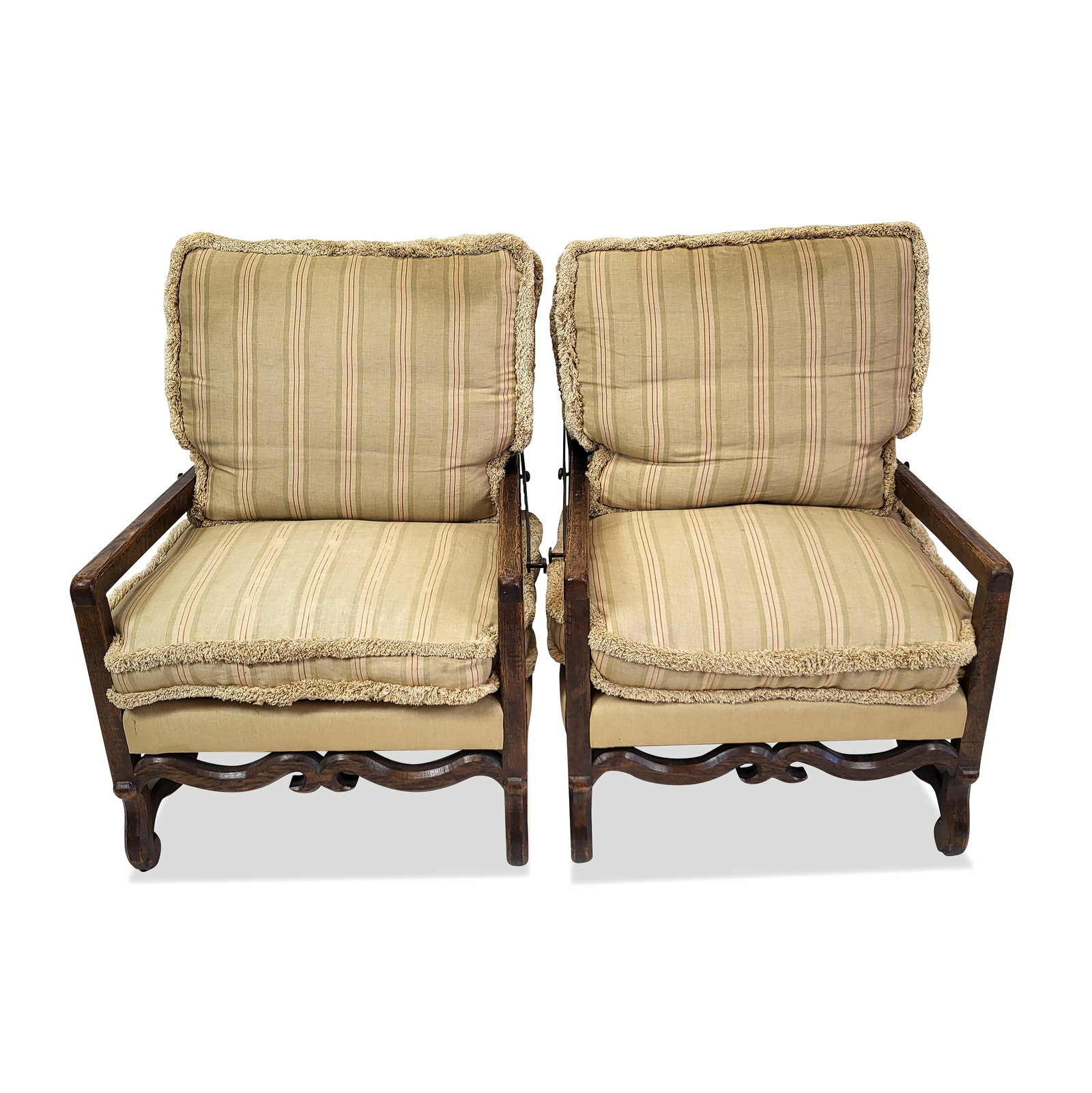 Vintage Oak "Morris" Style Reclining Arm Chair- PA: Vintage Oak "Morris" Style Pair Chairs, American early 20th century, with Carved oak frames in the French manner of flowing and straight frames, metal ratchet arms in the Morris reclining chair constr