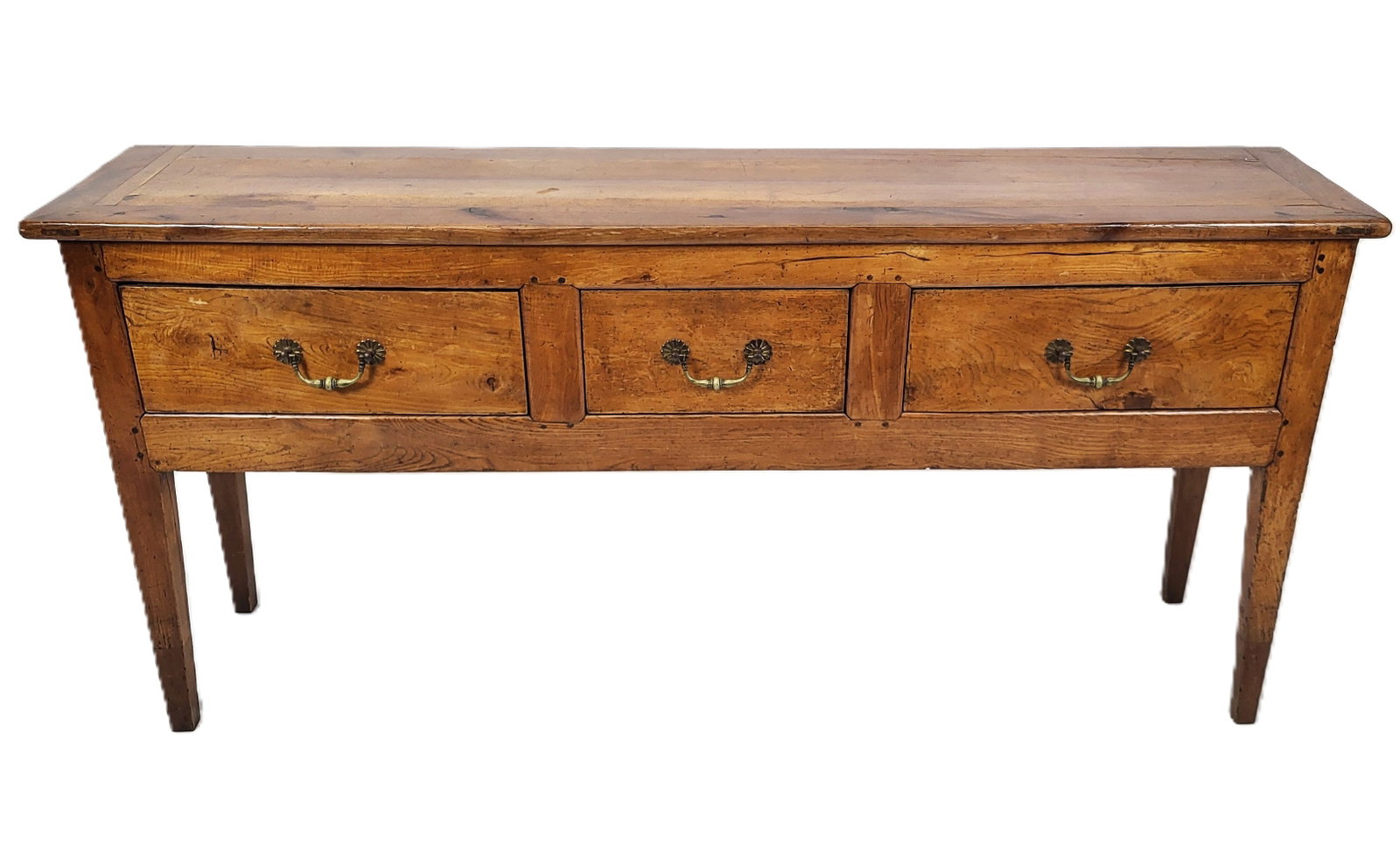 Antiqued French Three Drawer Server / Sideboard: Antiqued French three drawer server / sideboard, France early 20th century, Oak, plank top over three drawers, wood dowel construction, straight tapered legs, large brass handles in the Don Rousseau m