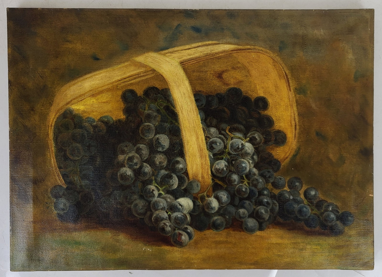Unsigned - Table Still Life of Grapes: Unsigned Oil on canvas, table still life of grapes spilling out from a basket. Unframed. [13" H x 18" W]. Good condition,