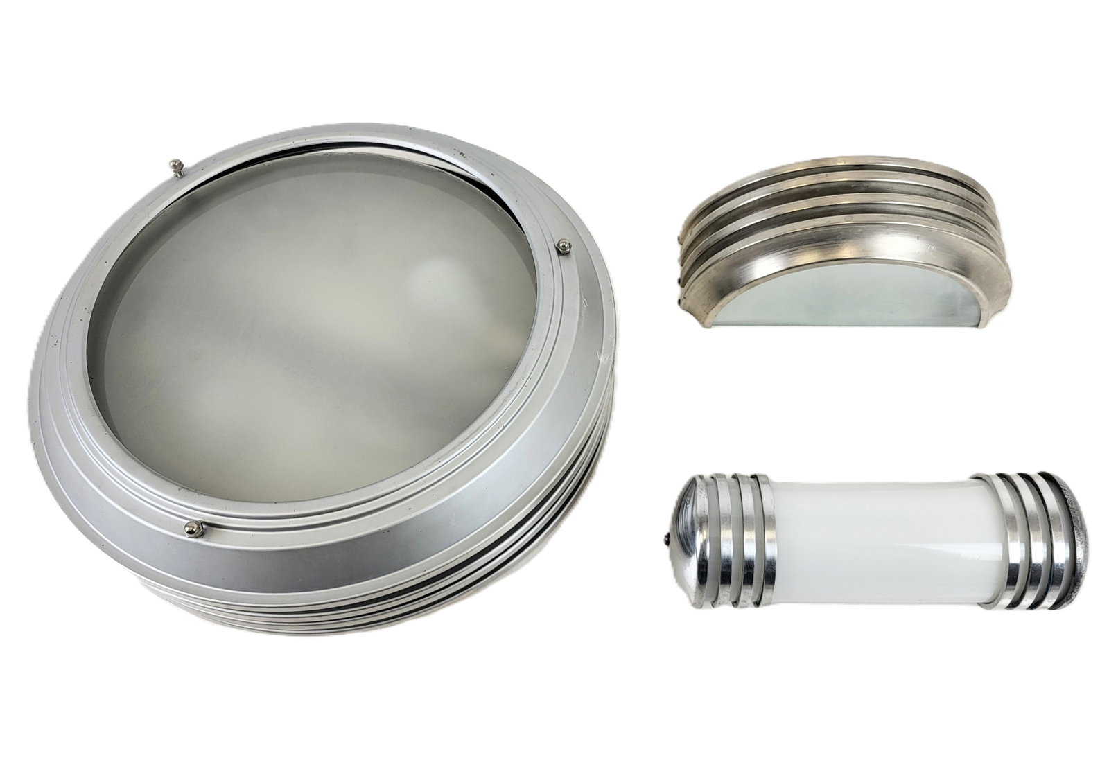 Three Art Deco Light Fixtures: Three Art Deco light fixtures, American mid to late 20th century. A round alloy and glass shade fixture, A half moon metal sconce, and A tubular metal and milk glass sconce. [Round fixture 7" H x 15"