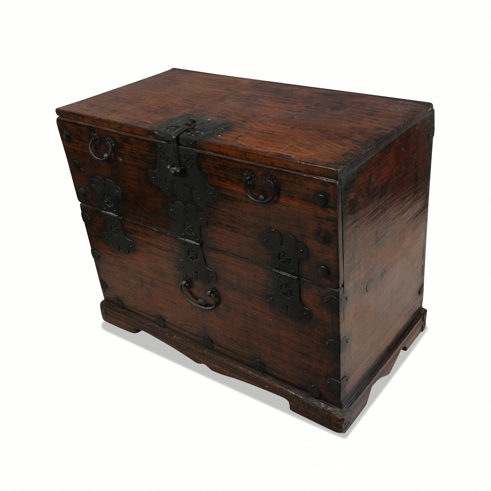 Antique Chinese Fall Front Campaign Chest: Antique Chinese fall front campaign chest, late 19th century, oak, with ebonized metal mounts and "wanzi' symbols of good fortune. [28" H x 34" W x 18" D]. Good condition, surface wear and scratches.